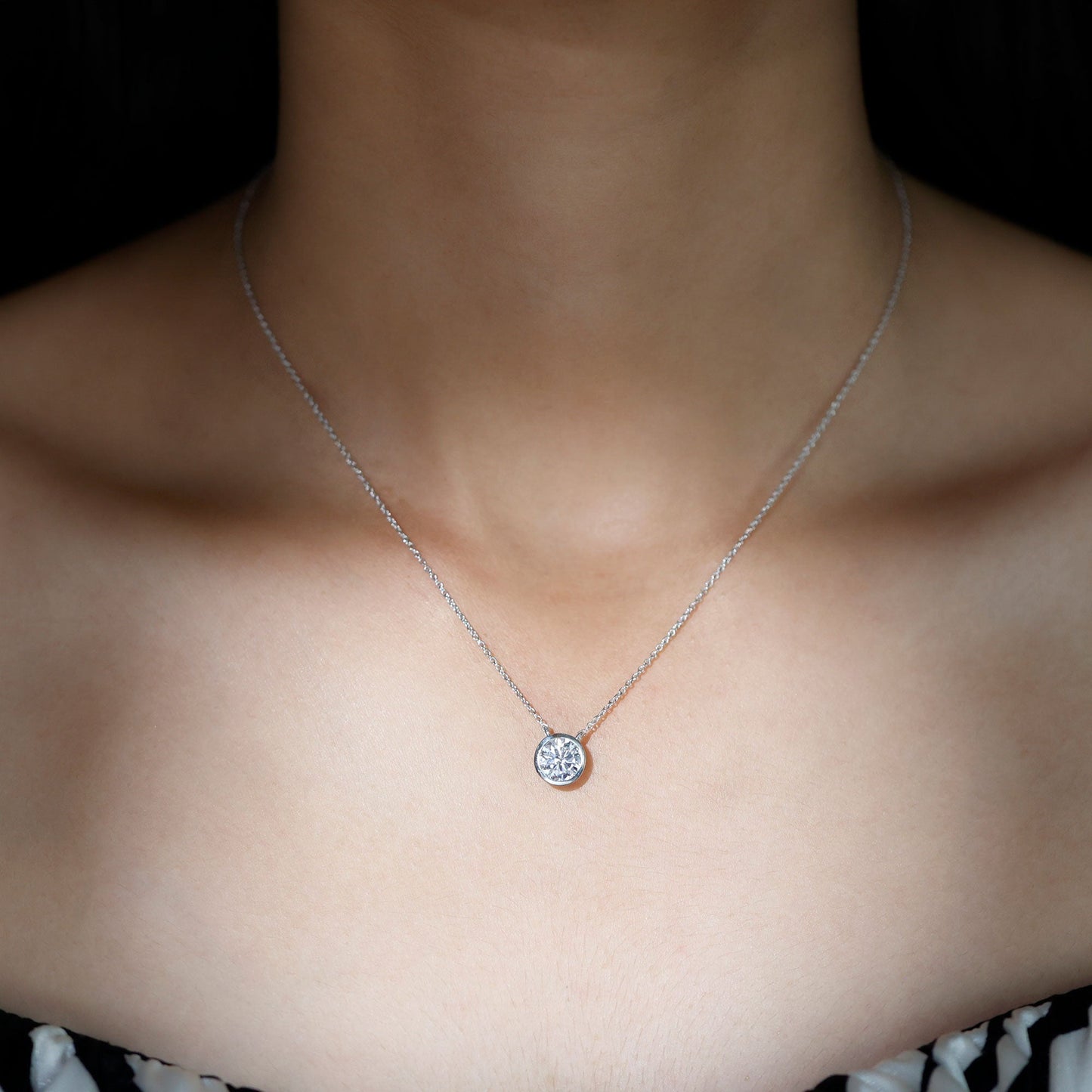 Bezel Set 1.36 Carat Round Moissanite Necklace in Silver