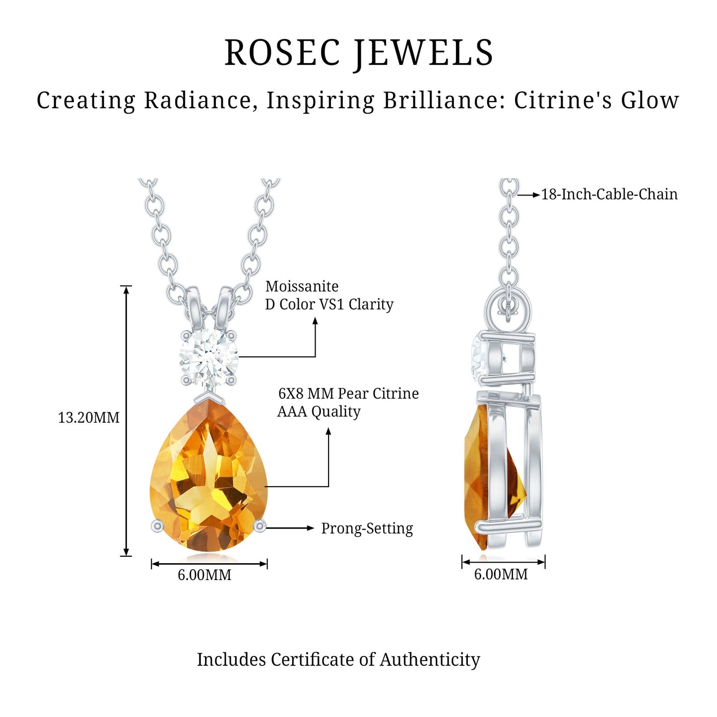 1 Carat Citrine Teardrop Pendant Necklace with Moissanite