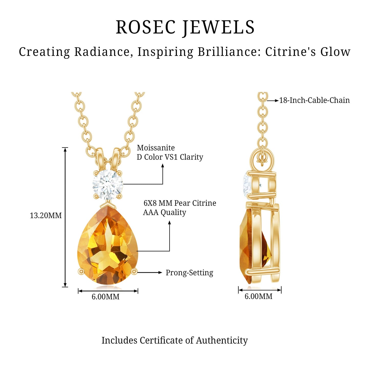 1 Carat Citrine Teardrop Pendant Necklace with Moissanite