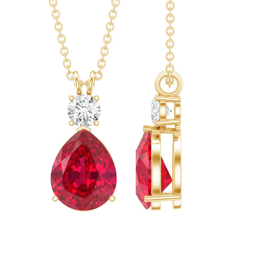 Classic Created Ruby Teardrop Pendant with Moissanite