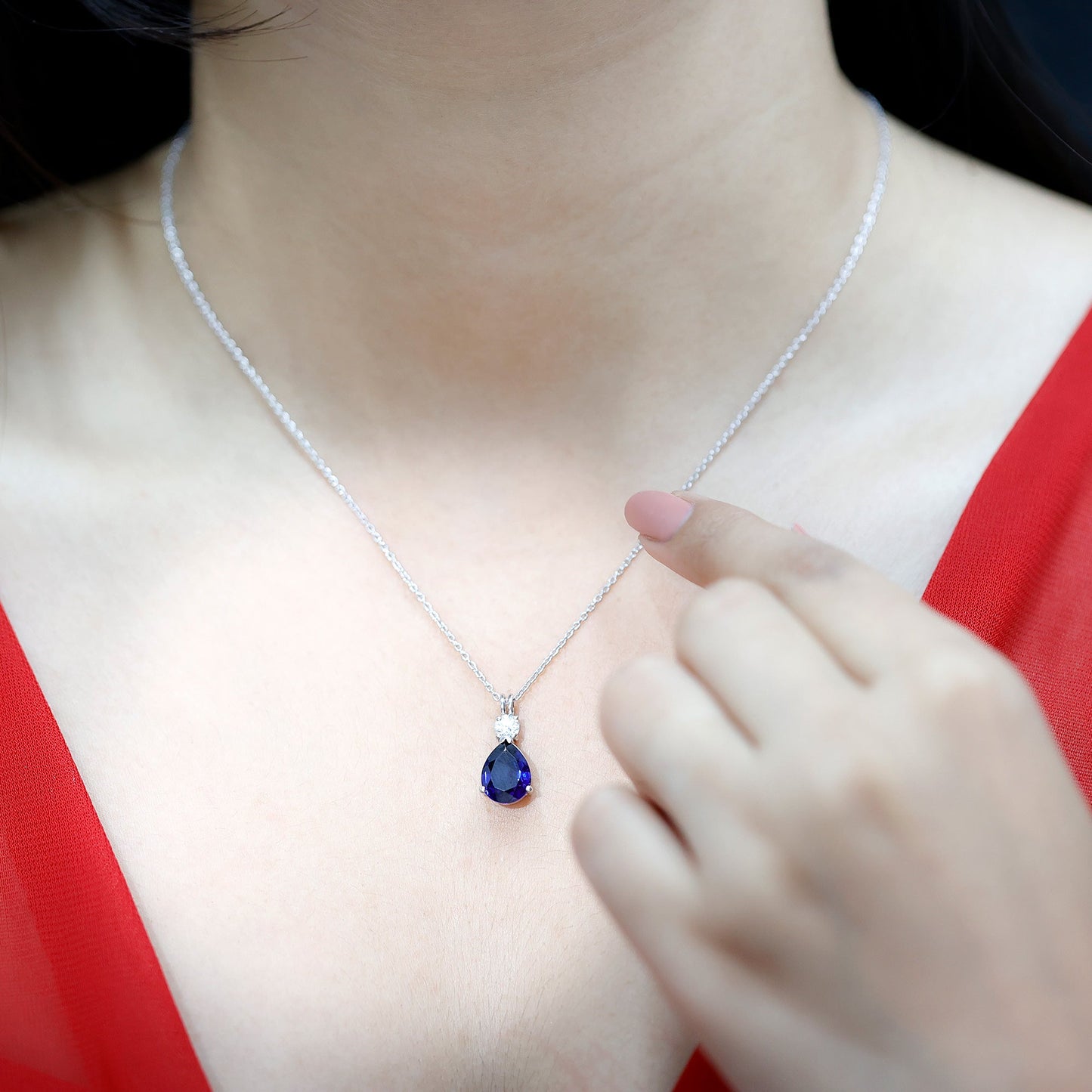 Lab Created Blue Sapphire Teardrop Pendant Necklace With Chain