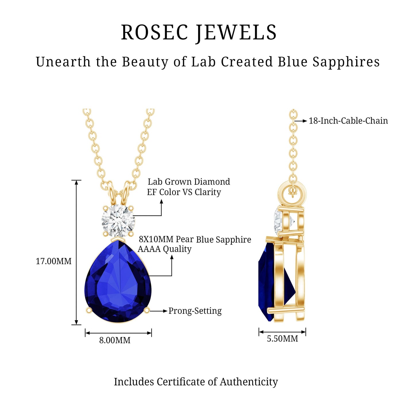 Lab Created Blue Sapphire Teardrop Pendant Necklace With Chain