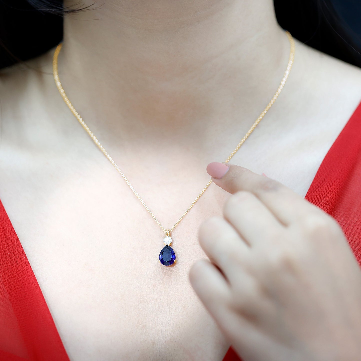 Lab Created Blue Sapphire Teardrop Pendant Necklace With Chain