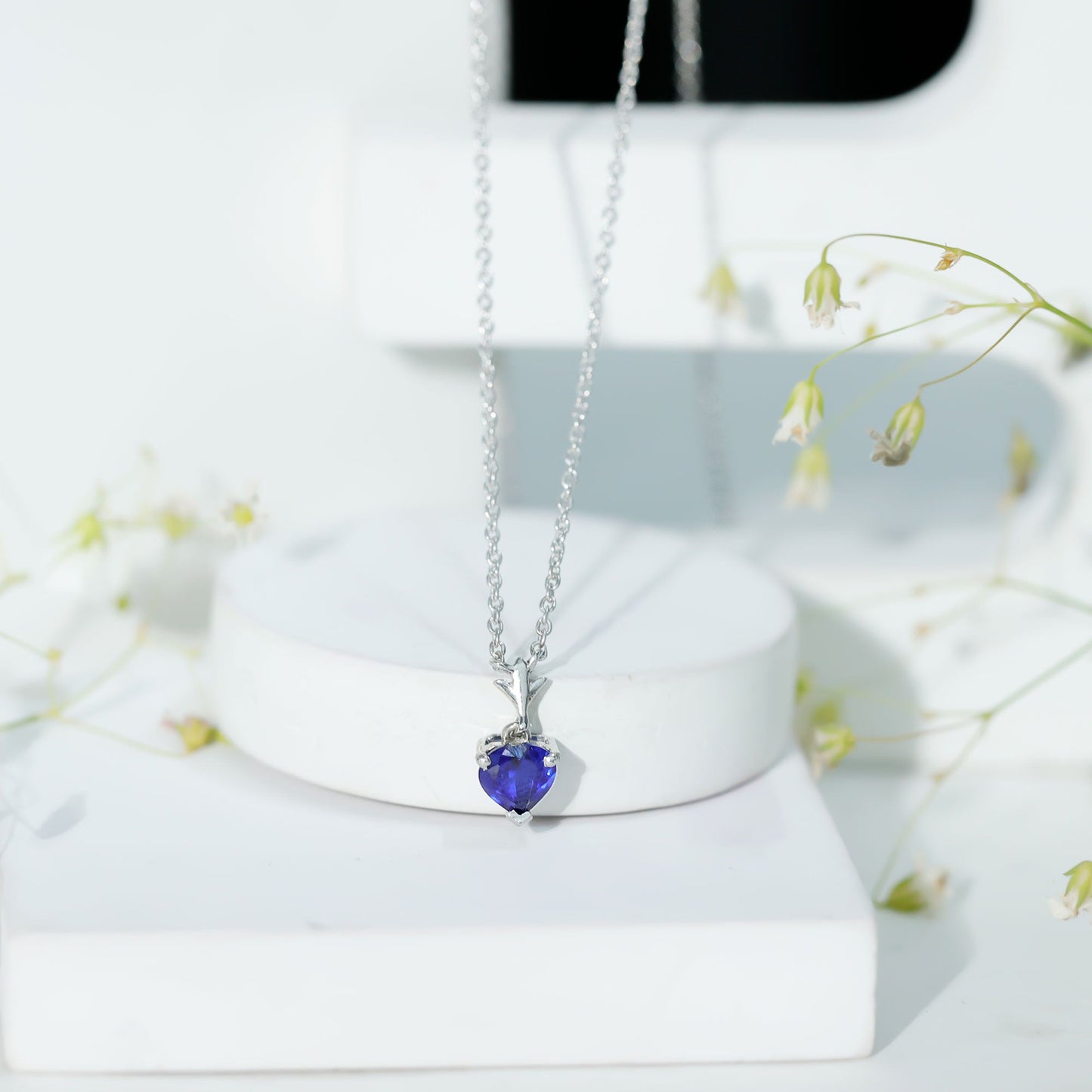 1 Carat Lab Grown Blue Sapphire Heart Necklace for Women