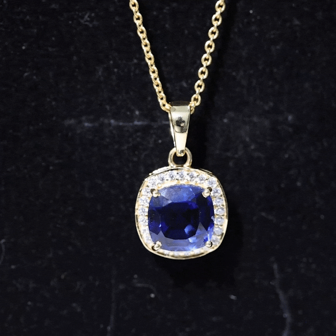 Cushion Cut Lab Created Blue Sapphire Halo Pendant With Moissanite