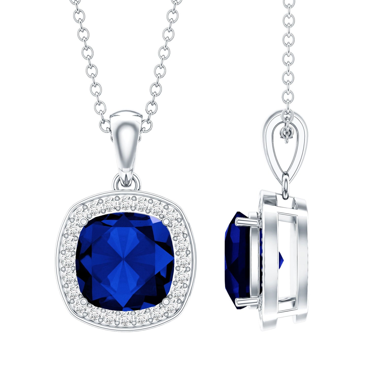 Cushion Cut Lab Created Blue Sapphire Halo Pendant With Moissanite