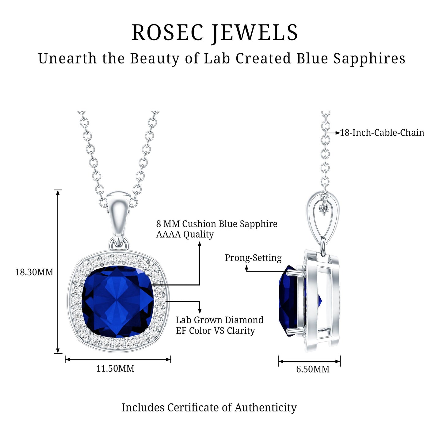 Cushion Cut Lab Created Blue Sapphire Halo Pendant With Moissanite