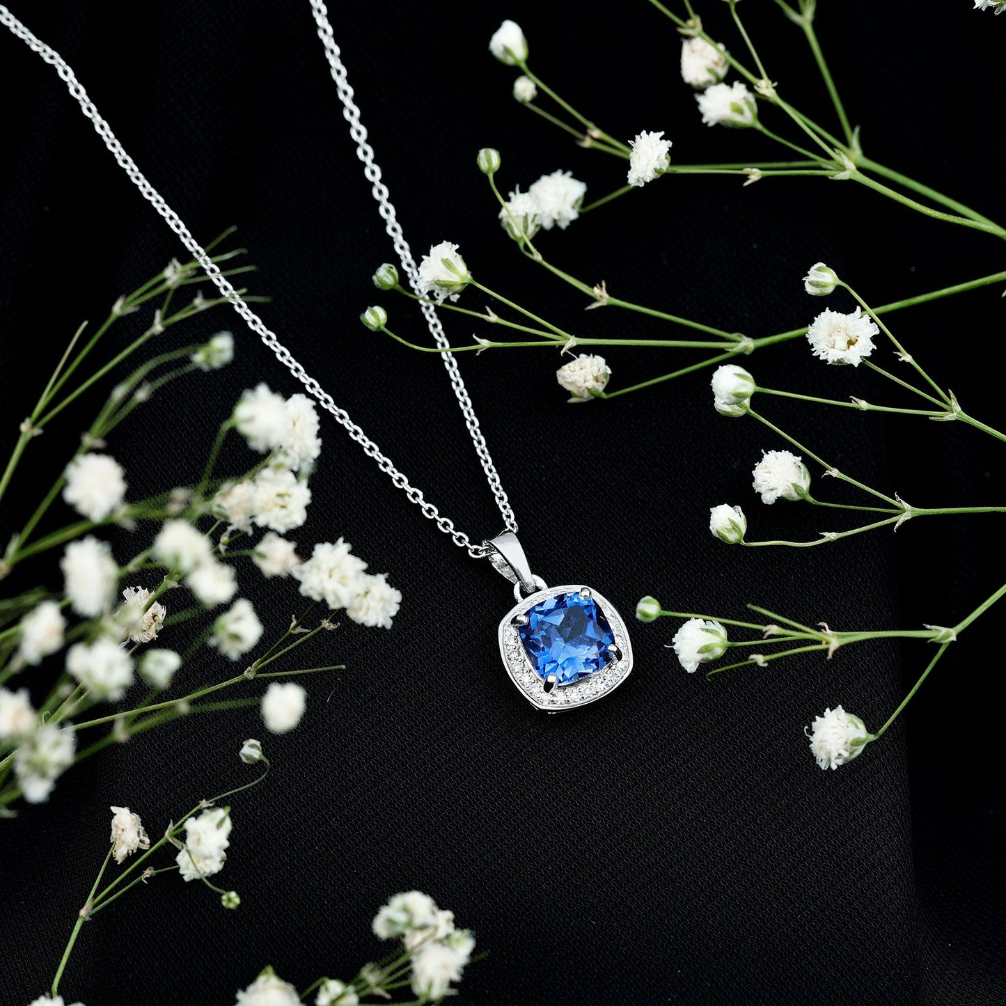 Cushion Cut Lab Created Blue Sapphire Halo Pendant With Moissanite