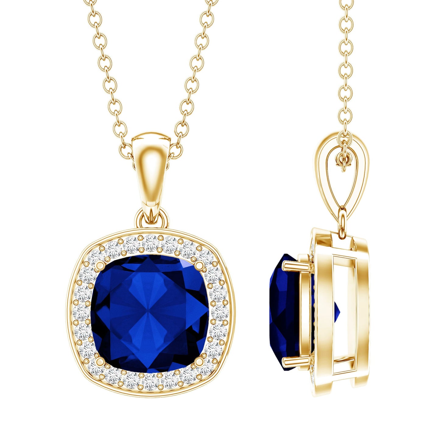Cushion Cut Lab Created Blue Sapphire Halo Pendant With Moissanite