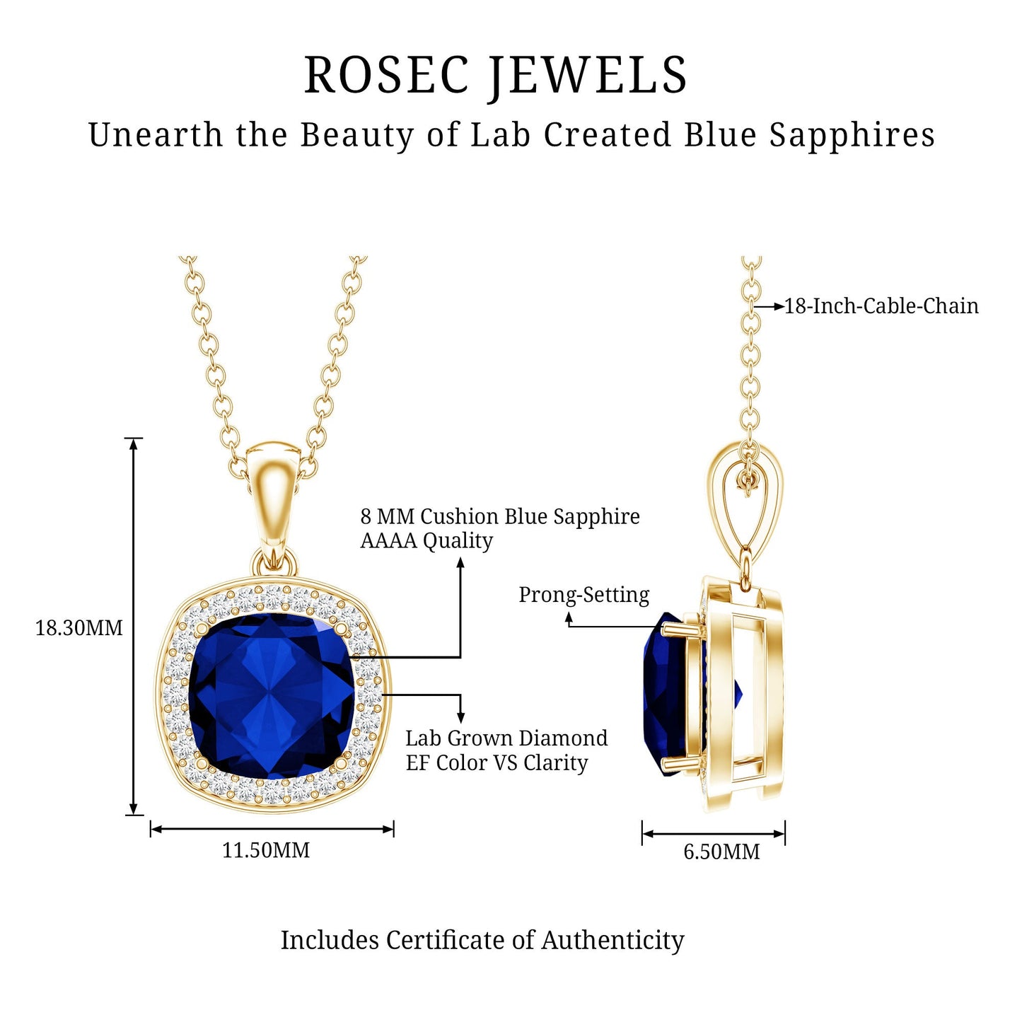 Cushion Cut Lab Created Blue Sapphire Halo Pendant With Moissanite