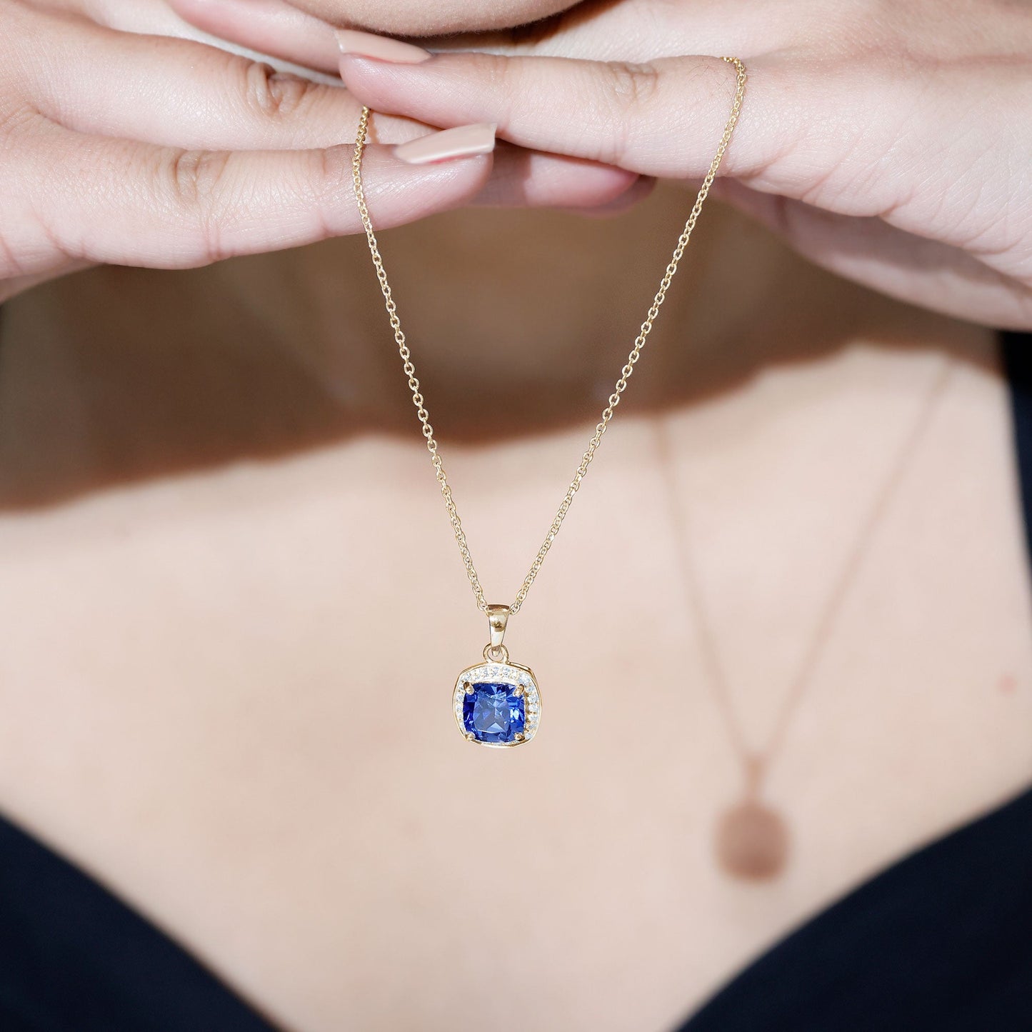 Cushion Cut Lab Created Blue Sapphire Halo Pendant With Moissanite