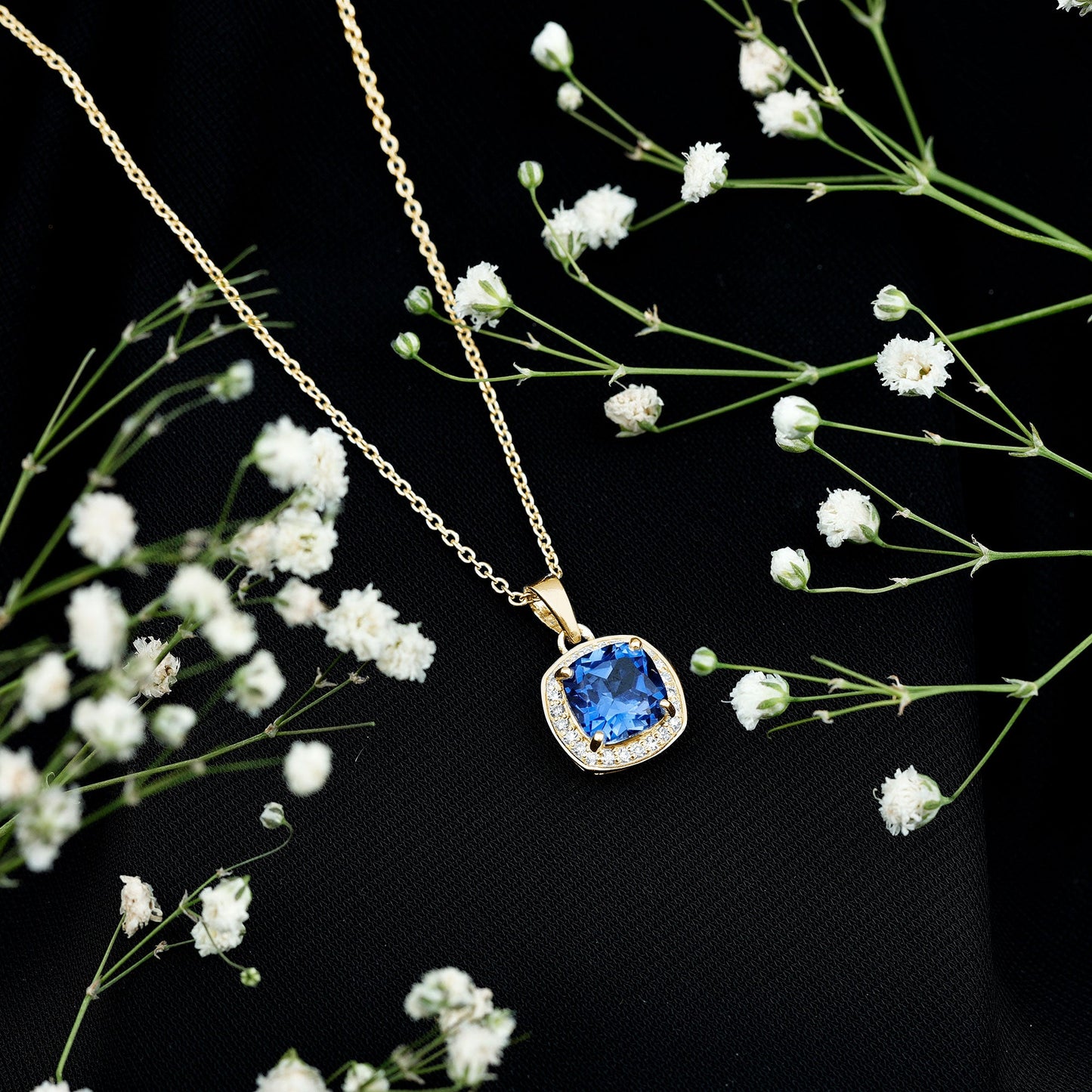 Cushion Cut Lab Created Blue Sapphire Halo Pendant With Moissanite