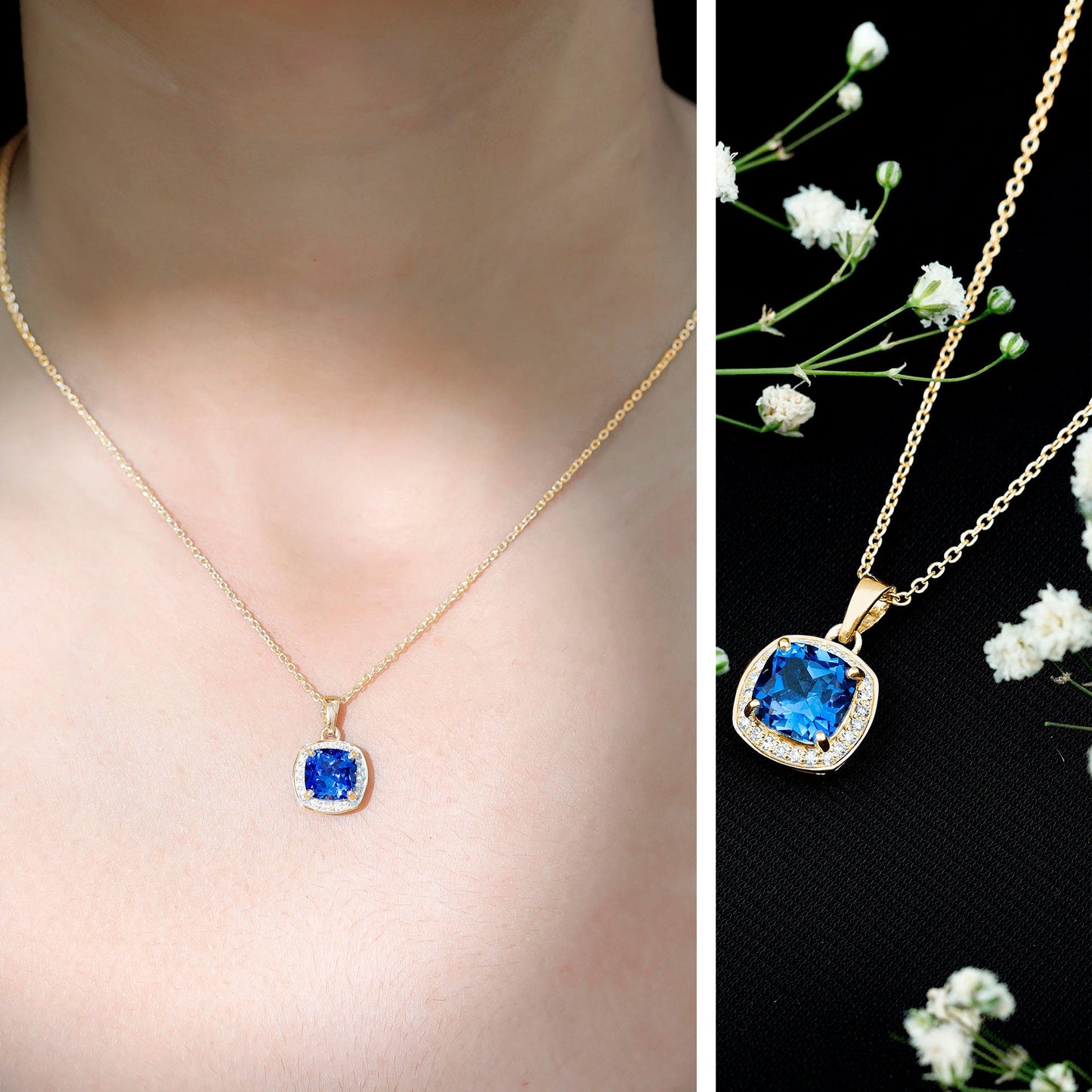 Cushion Cut Lab Created Blue Sapphire Halo Pendant With Moissanite