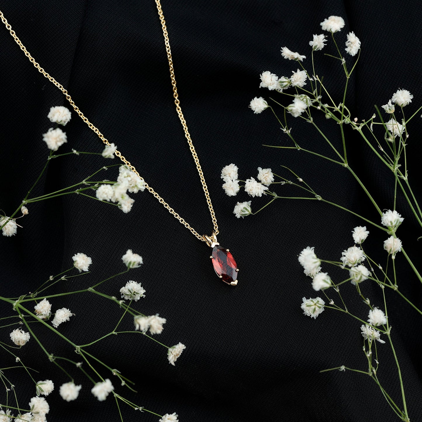 Marquise Cut 6X12 MM Real Garnet Birthstone Necklace in Gold Plated Silver