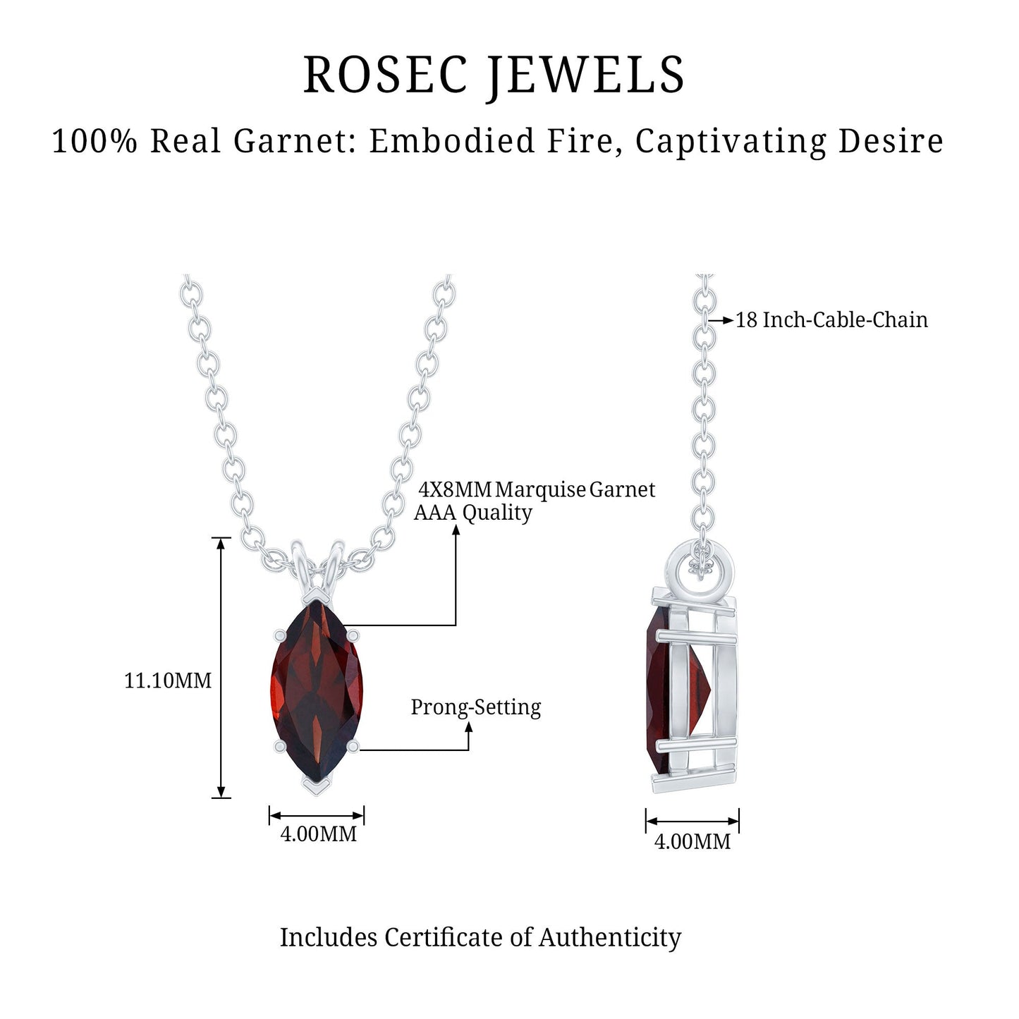 4X8MM Marquise Cut Garnet Solitaire Necklace With Chain