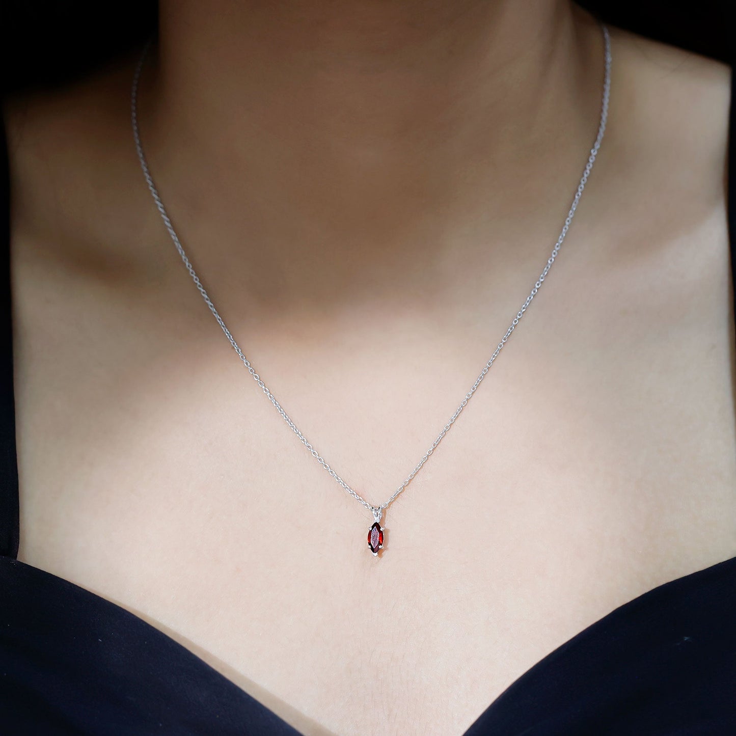 4X8MM Marquise Cut Garnet Solitaire Necklace With Chain