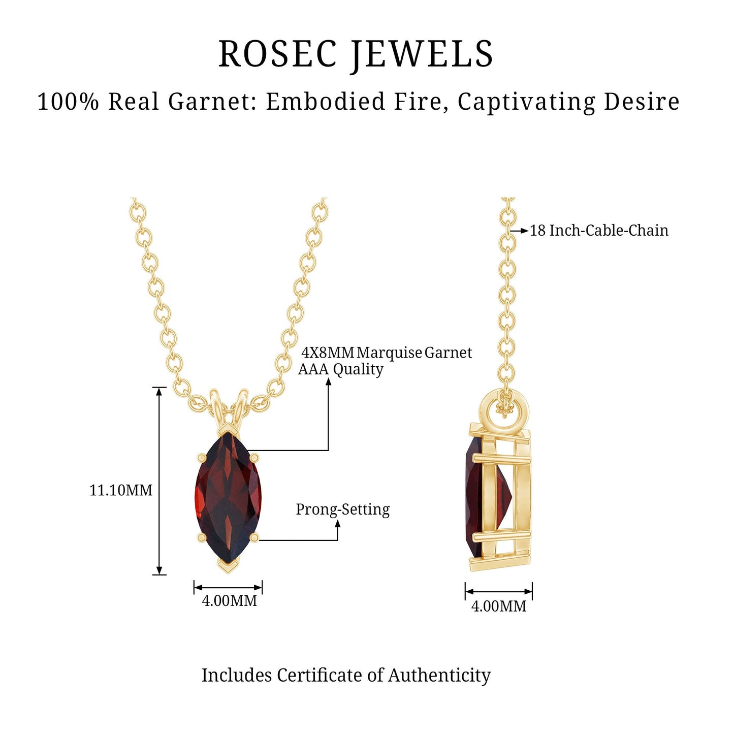 4X8MM Marquise Cut Garnet Solitaire Necklace With Chain