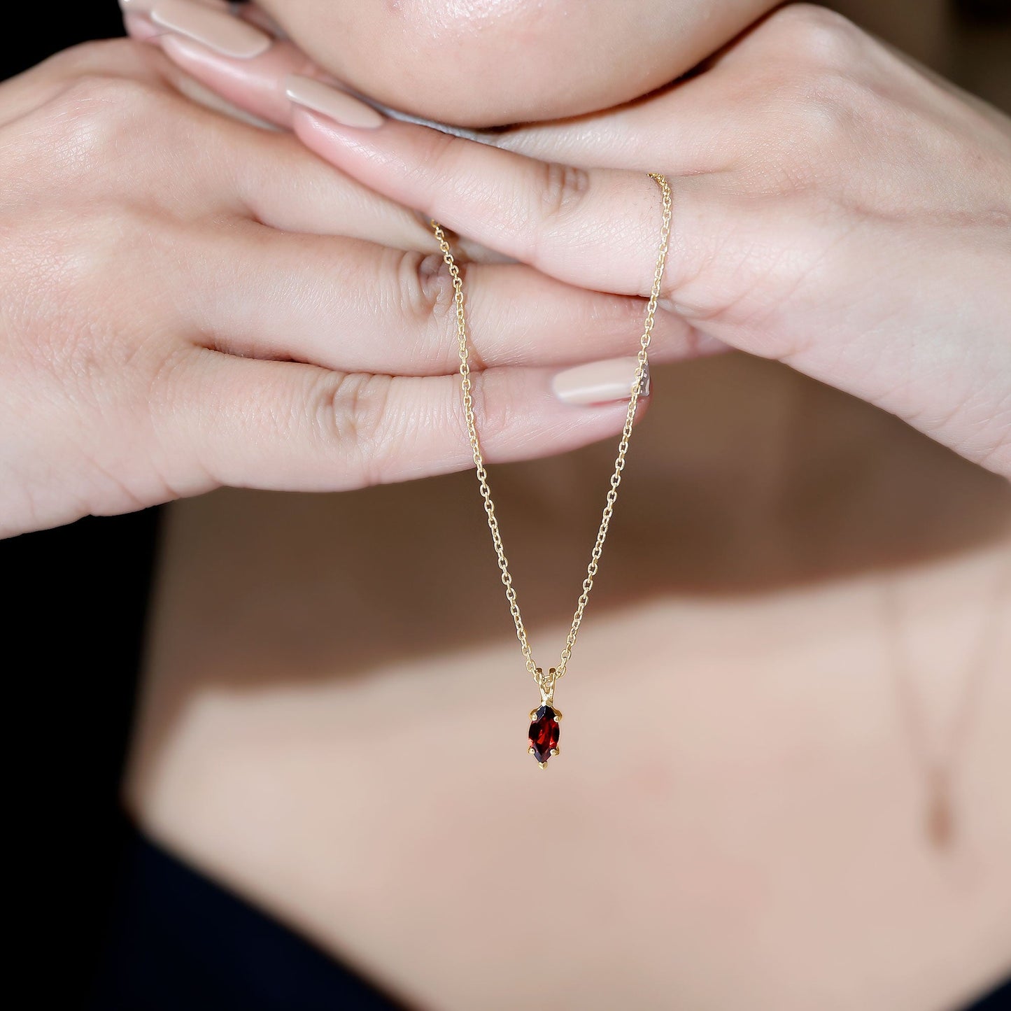 4X8MM Marquise Cut Garnet Solitaire Necklace With Chain