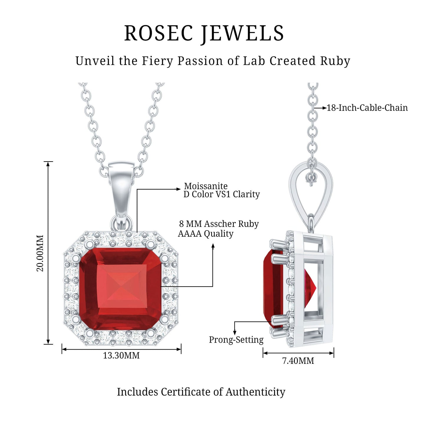 4.8 Carat Asscher Cut Lab Grown Ruby Necklace With Moissanite