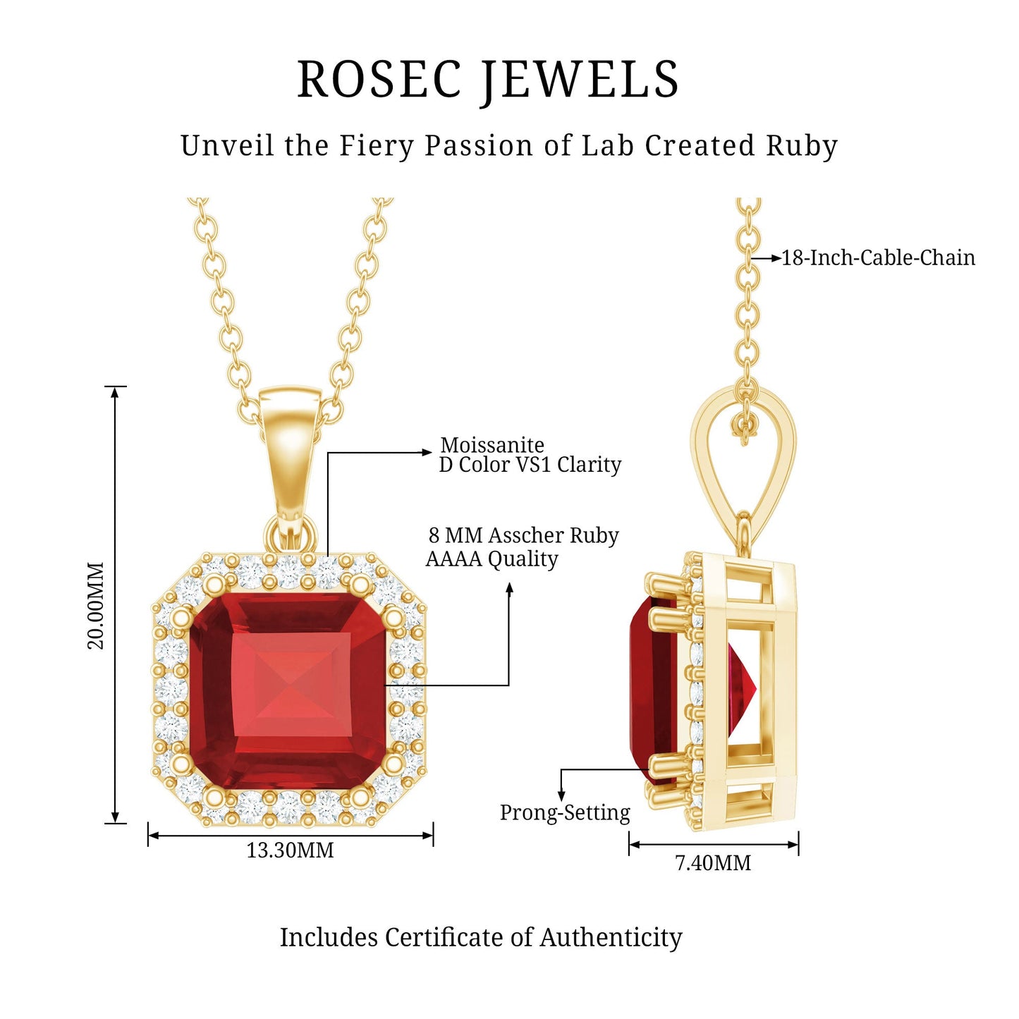 4.8 Carat Asscher Cut Lab Grown Ruby Necklace With Moissanite