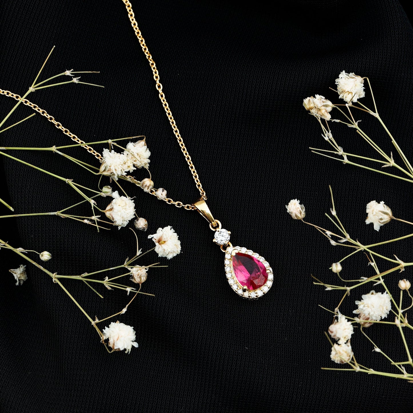 Lab Created Ruby Teardrop Necklace with Moissanite Halo