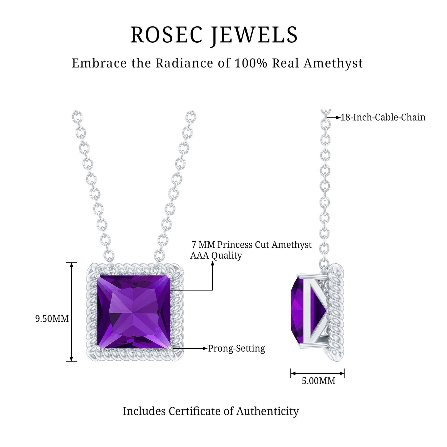 Princess Cut 1.5 Carat Amethyst Solitaire Necklace in Sterling Silver