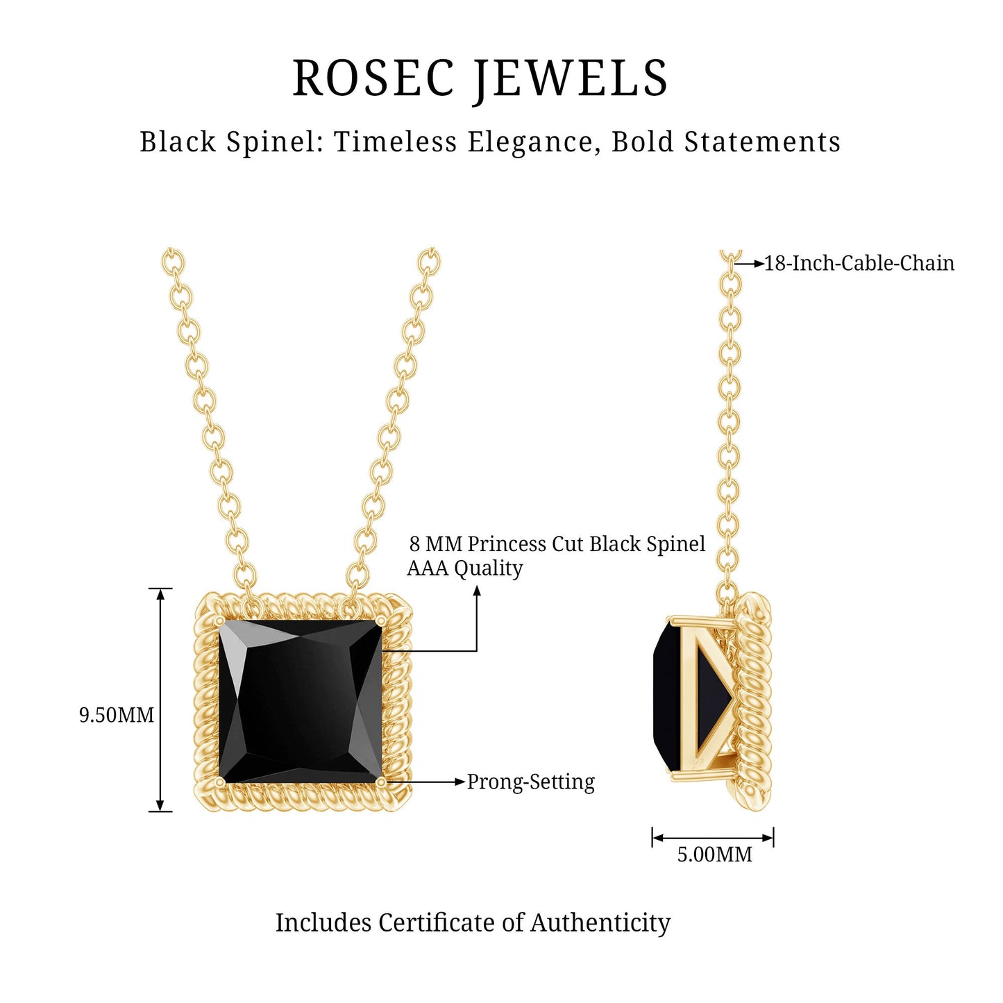 Natural 2.2 Carat Black Spinel Princess Cut Necklace in Gold Plated Silver