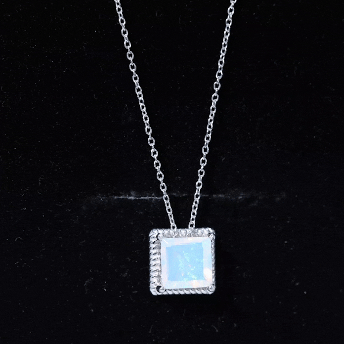 7 MM Princess Cut Ethiopian Opal Solitaire Necklace with Rope Frame