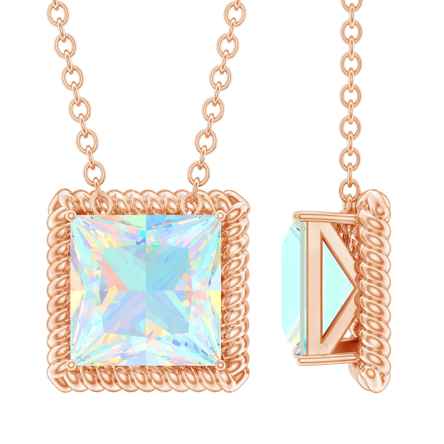 7 MM Princess Cut Ethiopian Opal Solitaire Necklace with Rope Frame