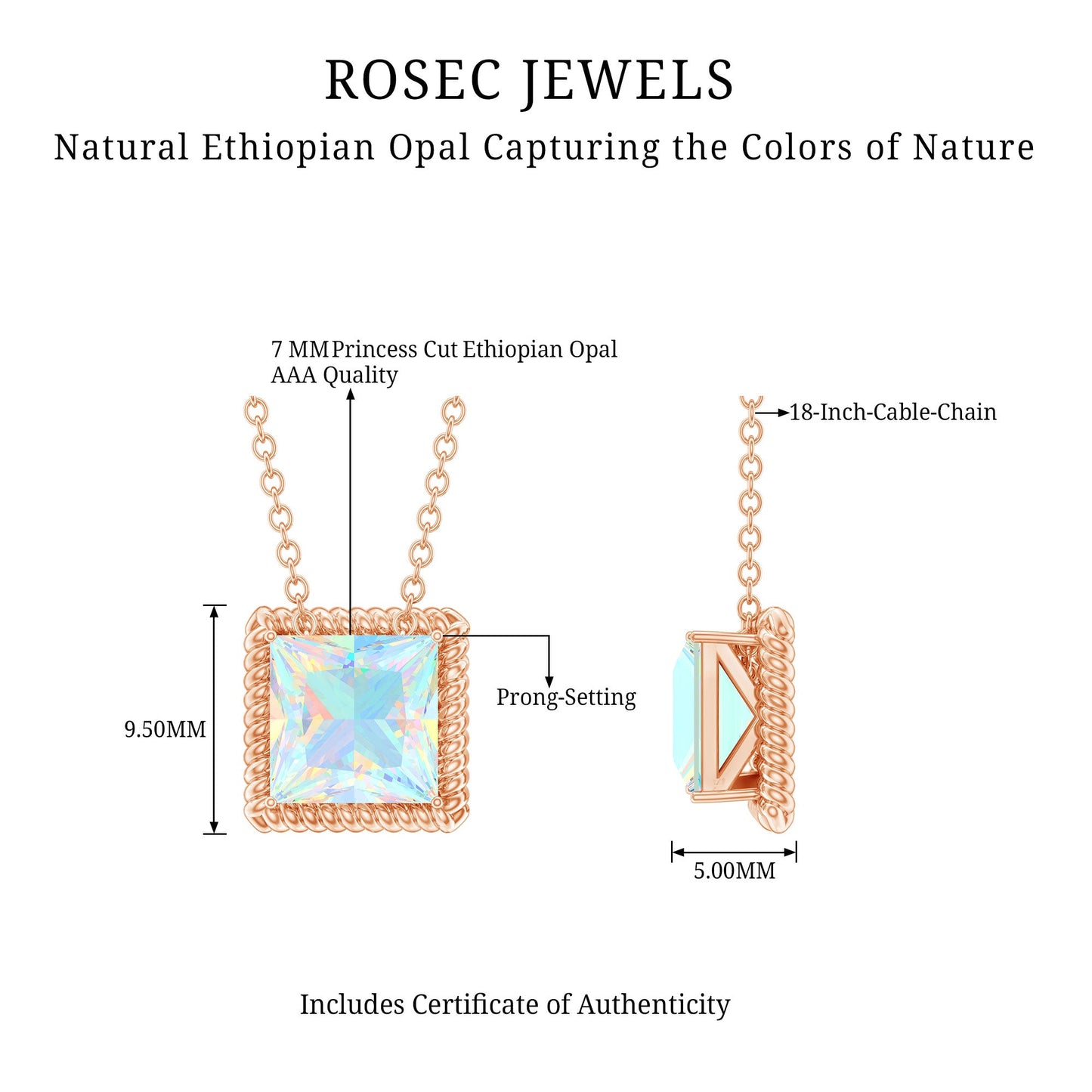 7 MM Princess Cut Ethiopian Opal Solitaire Necklace with Rope Frame