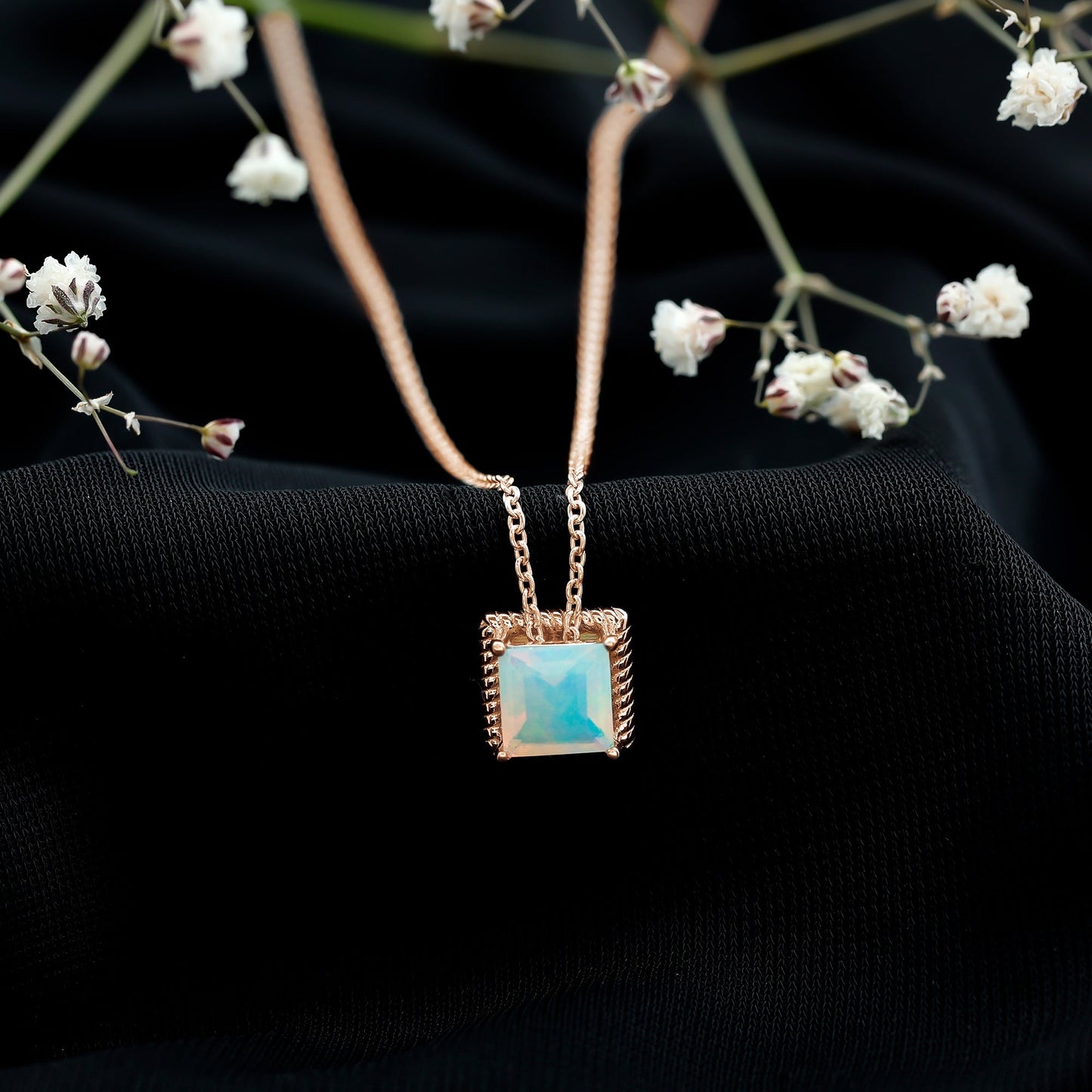 7 MM Princess Cut Ethiopian Opal Solitaire Necklace with Rope Frame