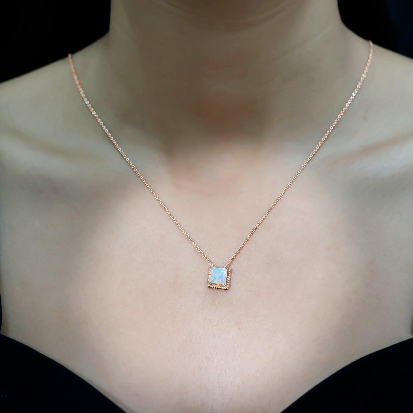 7 MM Princess Cut Ethiopian Opal Solitaire Necklace with Rope Frame
