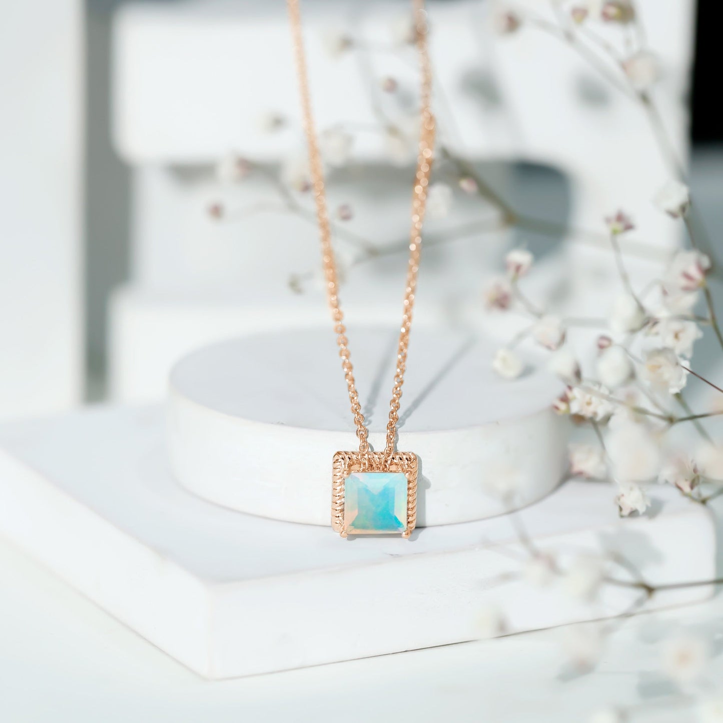 7 MM Princess Cut Ethiopian Opal Solitaire Necklace with Rope Frame