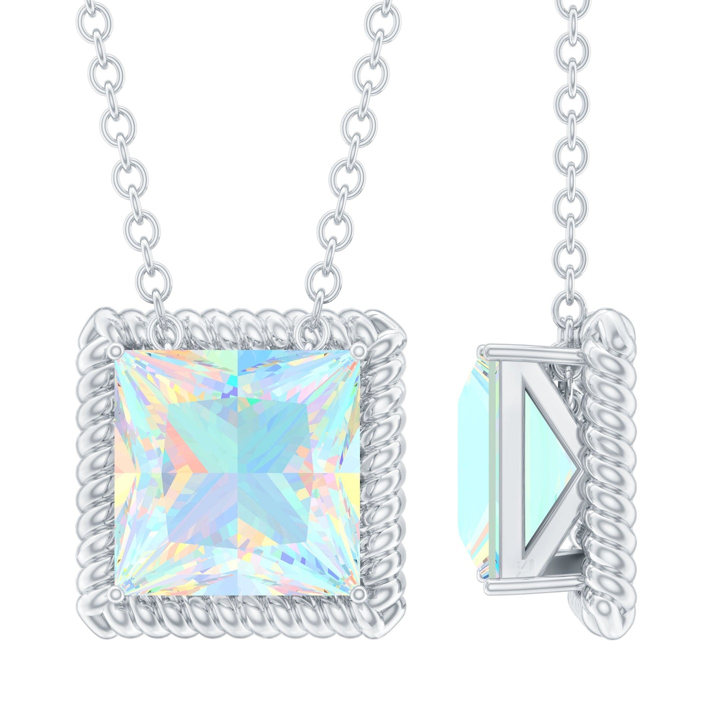 7 MM Princess Cut Ethiopian Opal Solitaire Necklace with Rope Frame