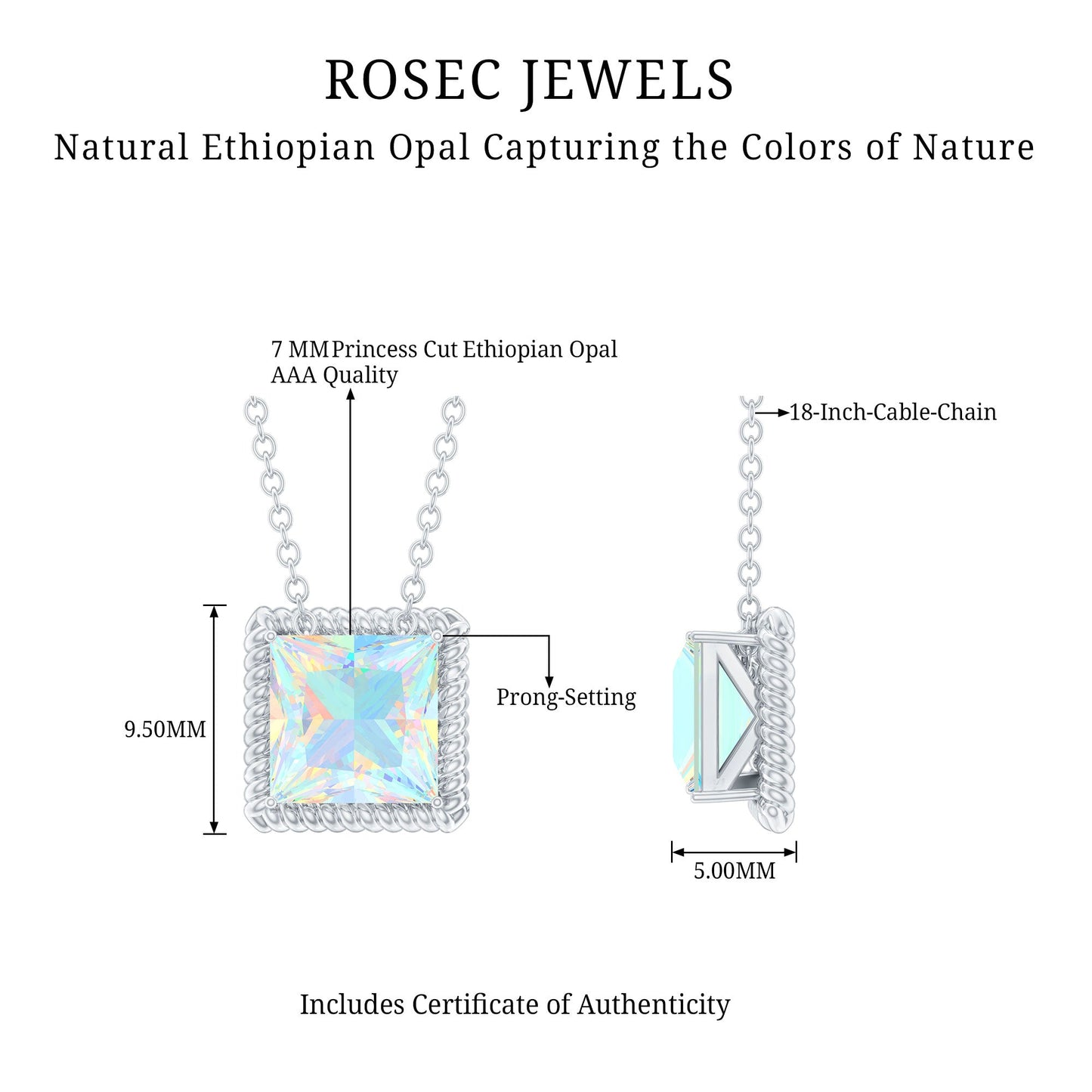 7 MM Princess Cut Ethiopian Opal Solitaire Necklace with Rope Frame