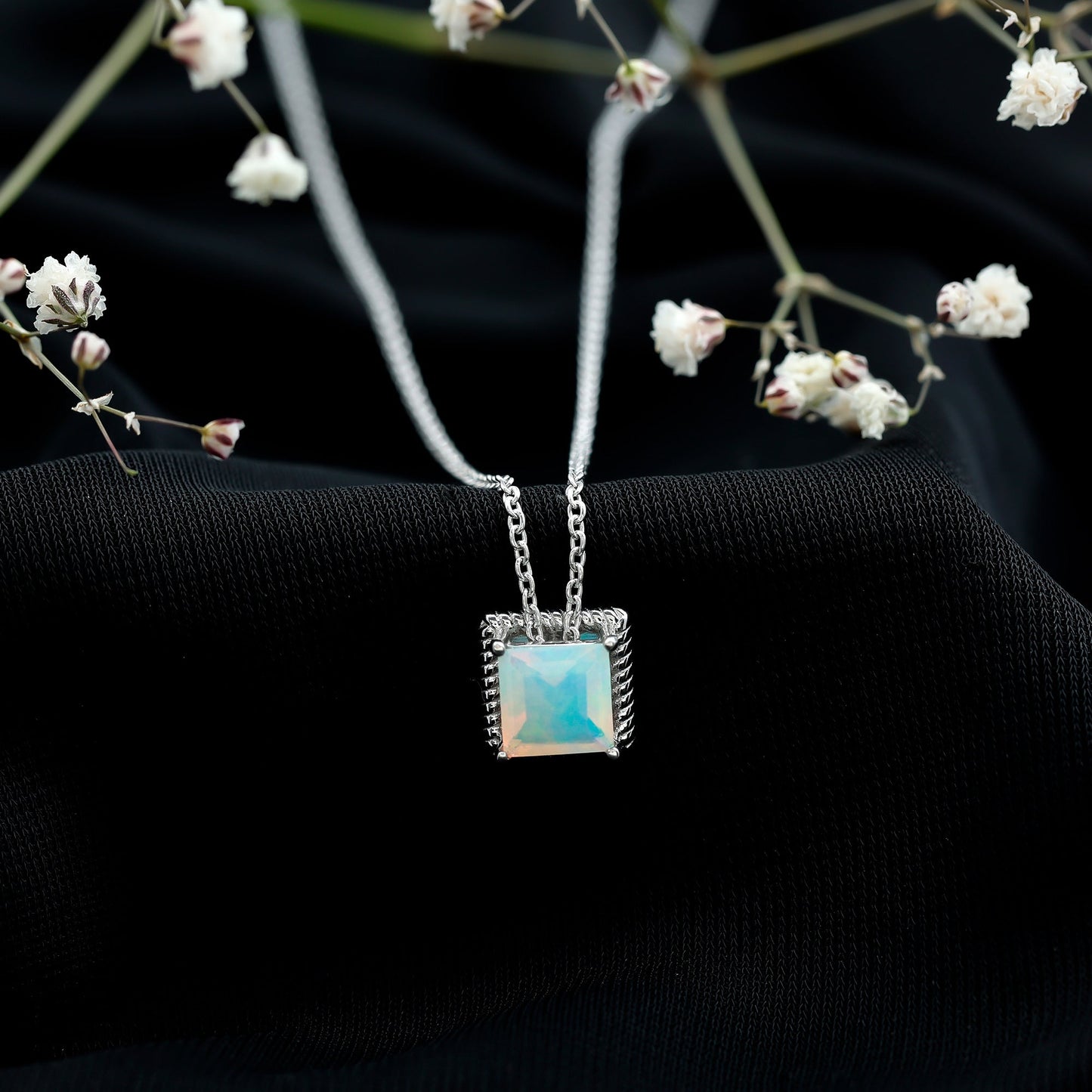 7 MM Princess Cut Ethiopian Opal Solitaire Necklace with Rope Frame