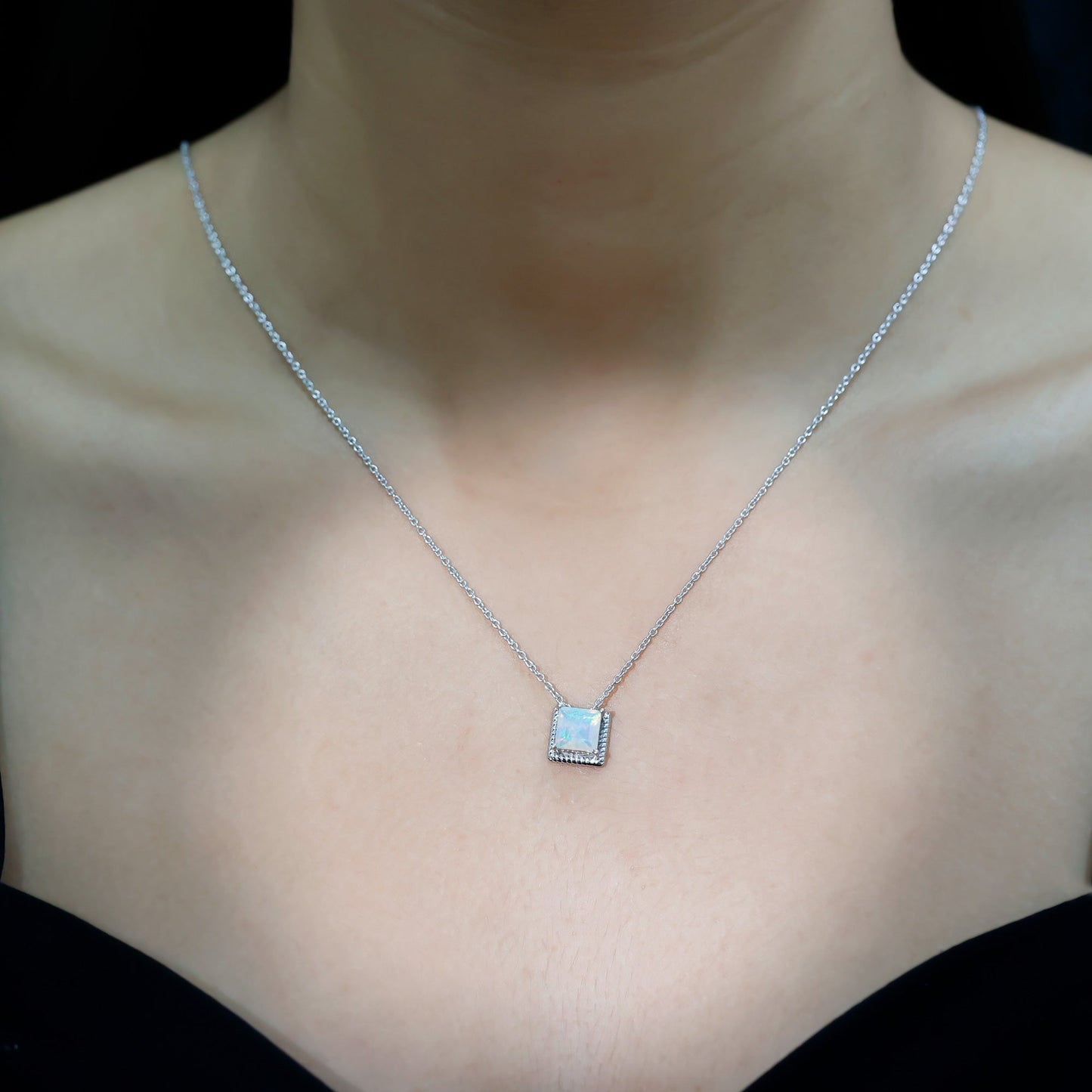7 MM Princess Cut Ethiopian Opal Solitaire Necklace with Rope Frame