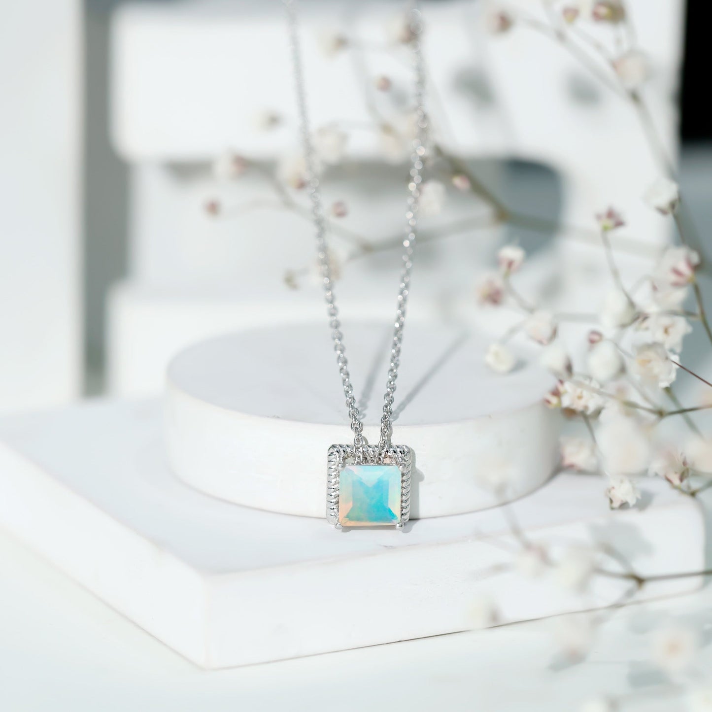 7 MM Princess Cut Ethiopian Opal Solitaire Necklace with Rope Frame