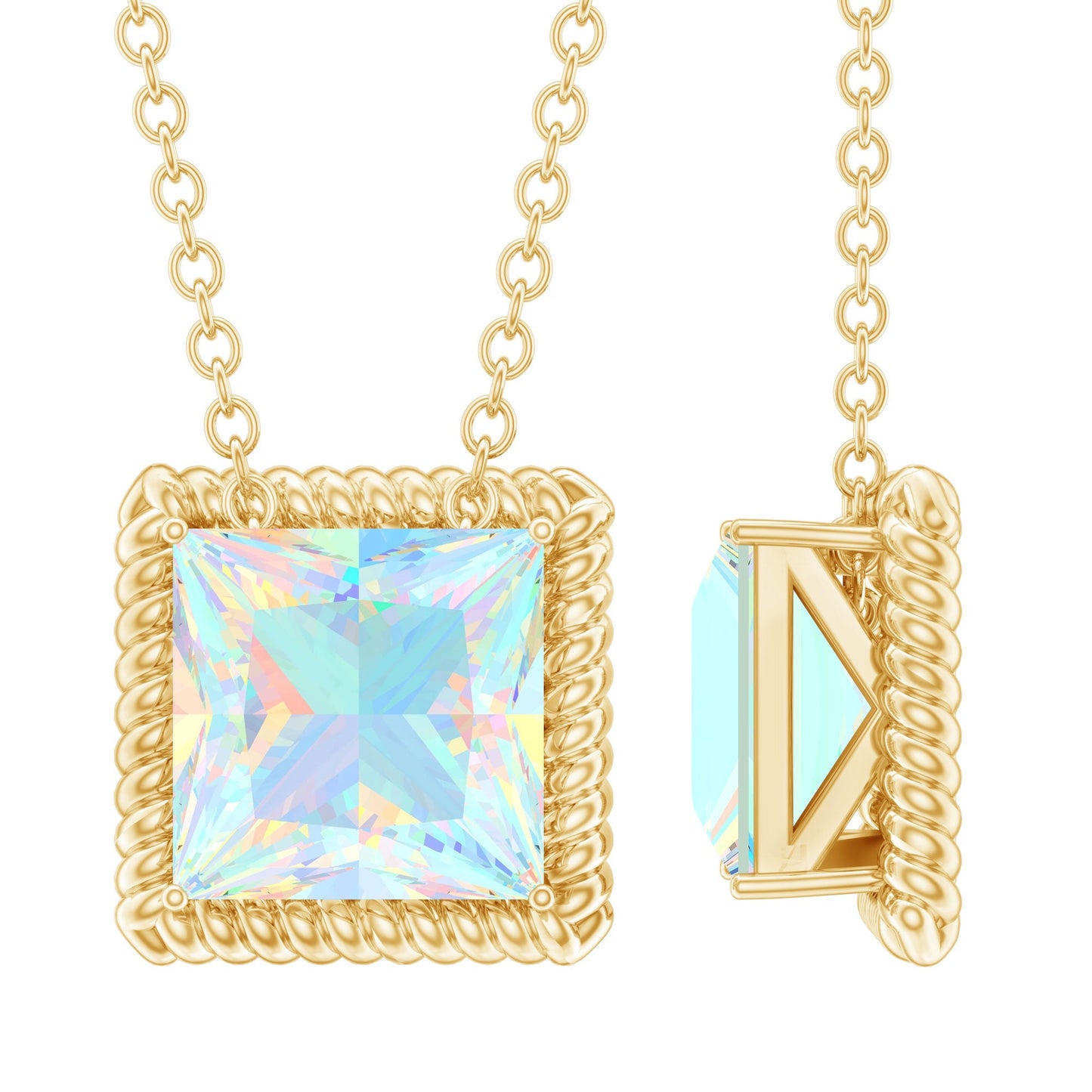 7 MM Princess Cut Ethiopian Opal Solitaire Necklace with Rope Frame