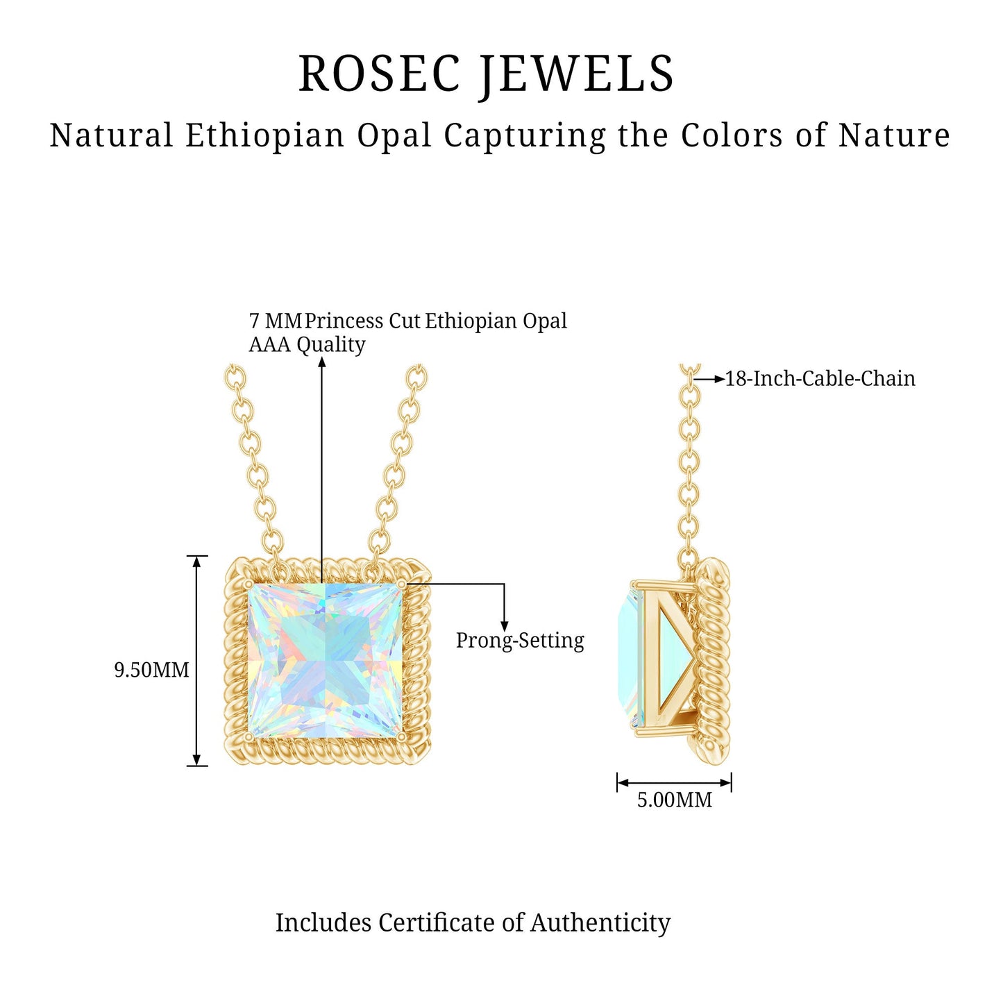 7 MM Princess Cut Ethiopian Opal Solitaire Necklace with Rope Frame