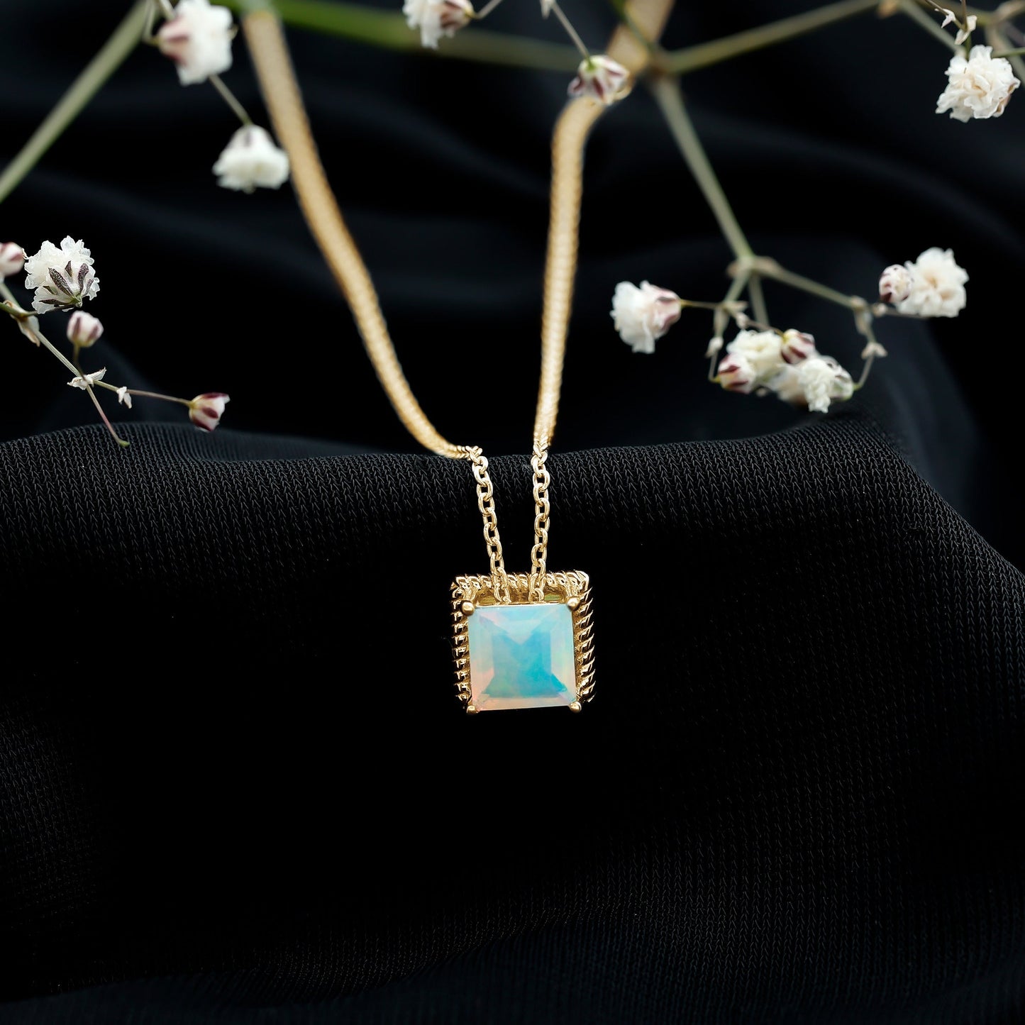 7 MM Princess Cut Ethiopian Opal Solitaire Necklace with Rope Frame