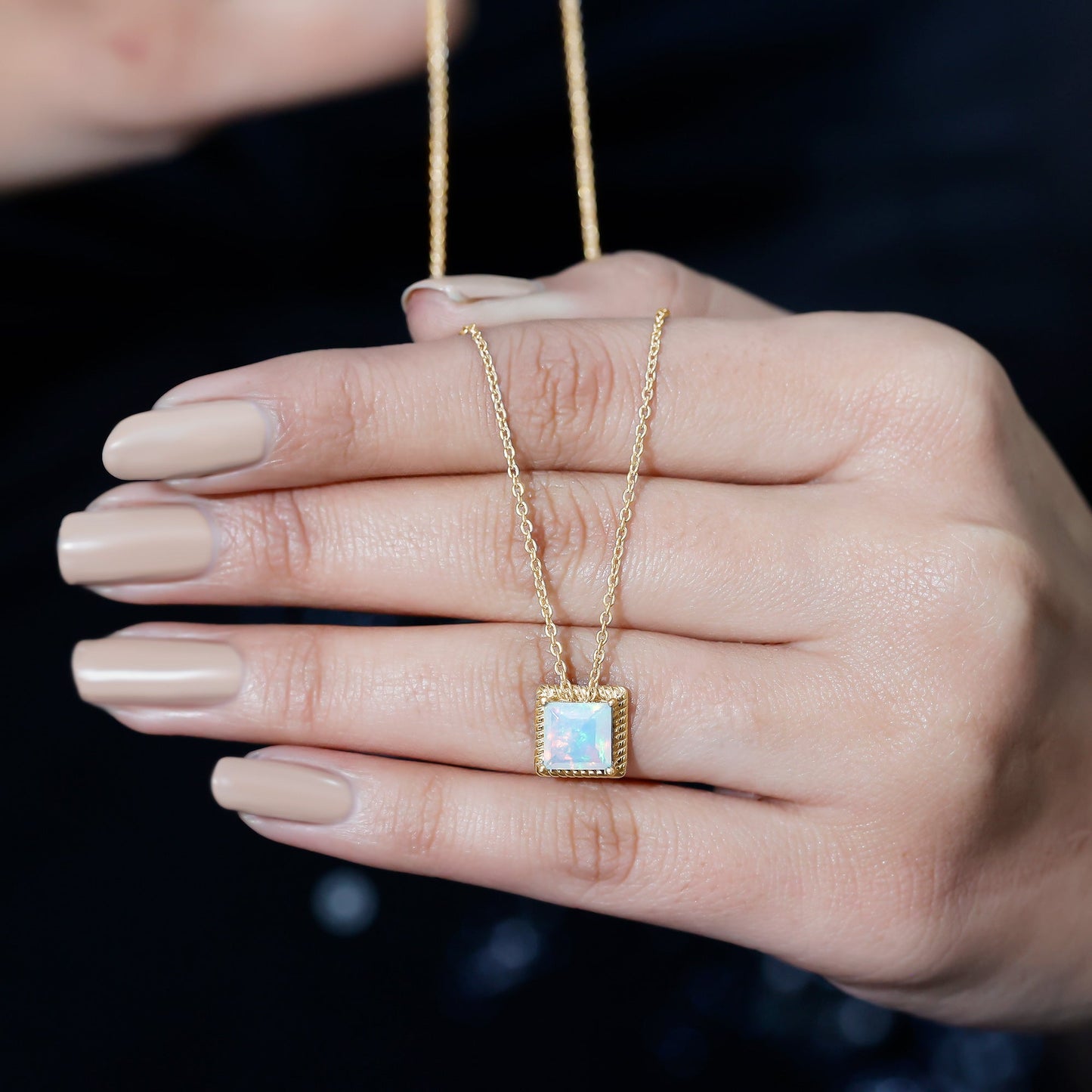 7 MM Princess Cut Ethiopian Opal Solitaire Necklace with Rope Frame