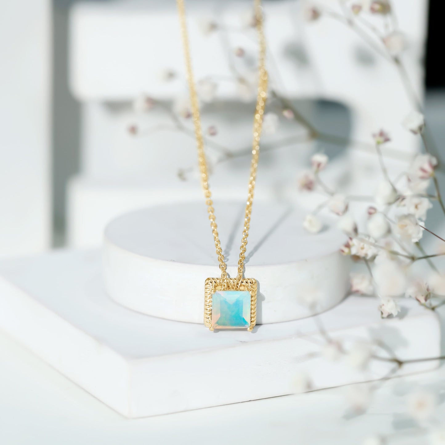 7 MM Princess Cut Ethiopian Opal Solitaire Necklace with Rope Frame