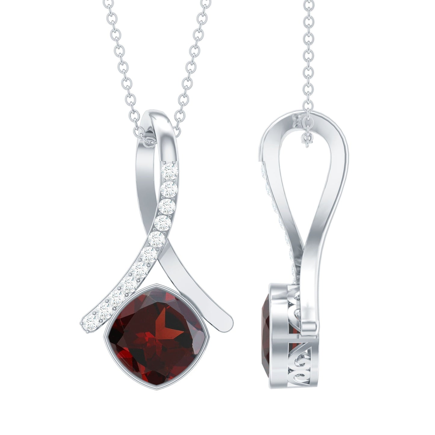 3 Carat Cushion Cut Garnet Solitaire Pendant with Diamond Twisted Bail