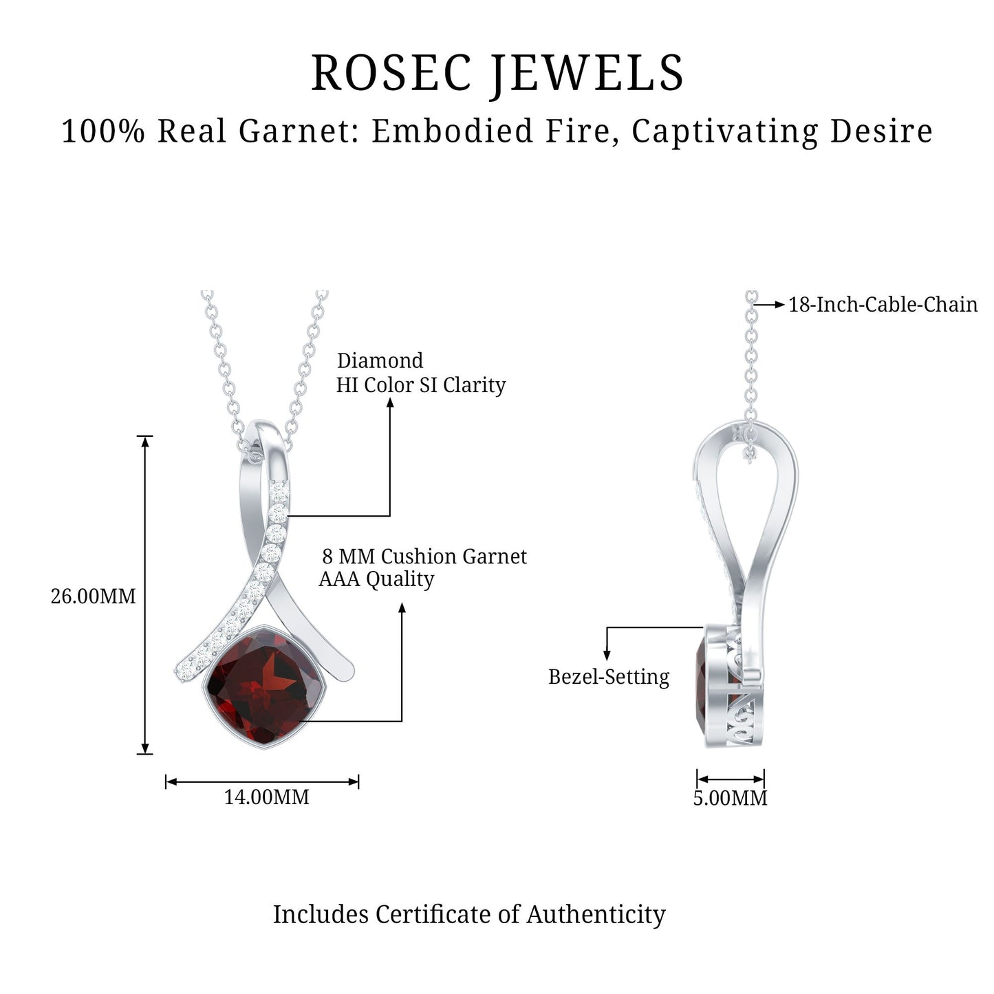 3 Carat Cushion Cut Garnet Solitaire Pendant with Diamond Twisted Bail