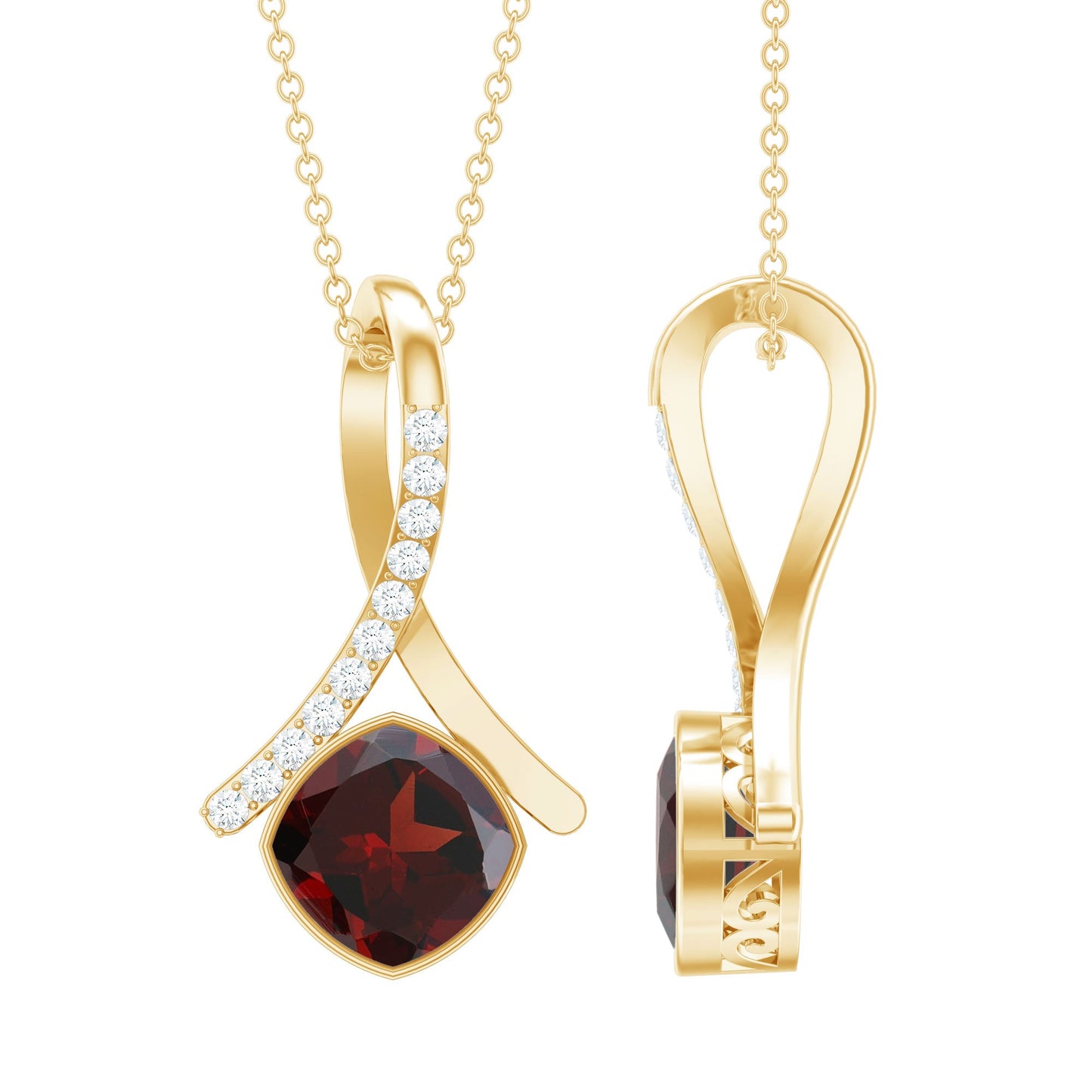 3 Carat Cushion Cut Garnet Solitaire Pendant with Diamond Twisted Bail
