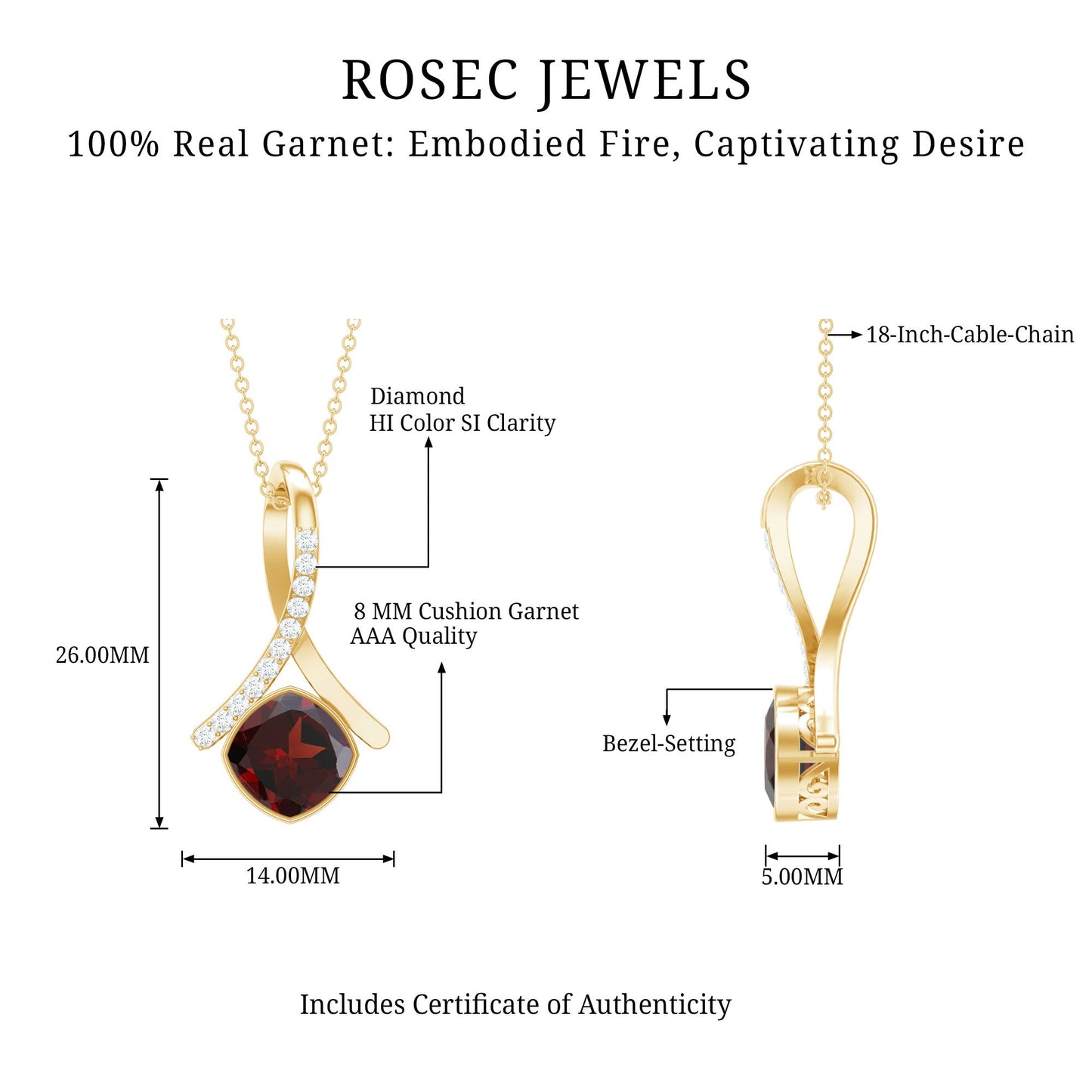 3 Carat Cushion Cut Garnet Solitaire Pendant with Diamond Twisted Bail