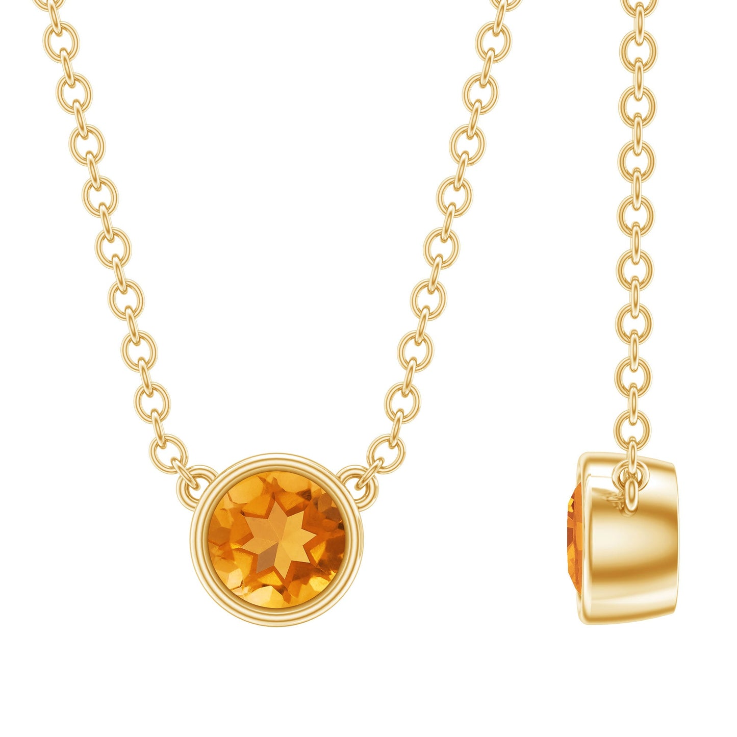 Round Shape Citrine Solitaire Necklace in Bezel Setting