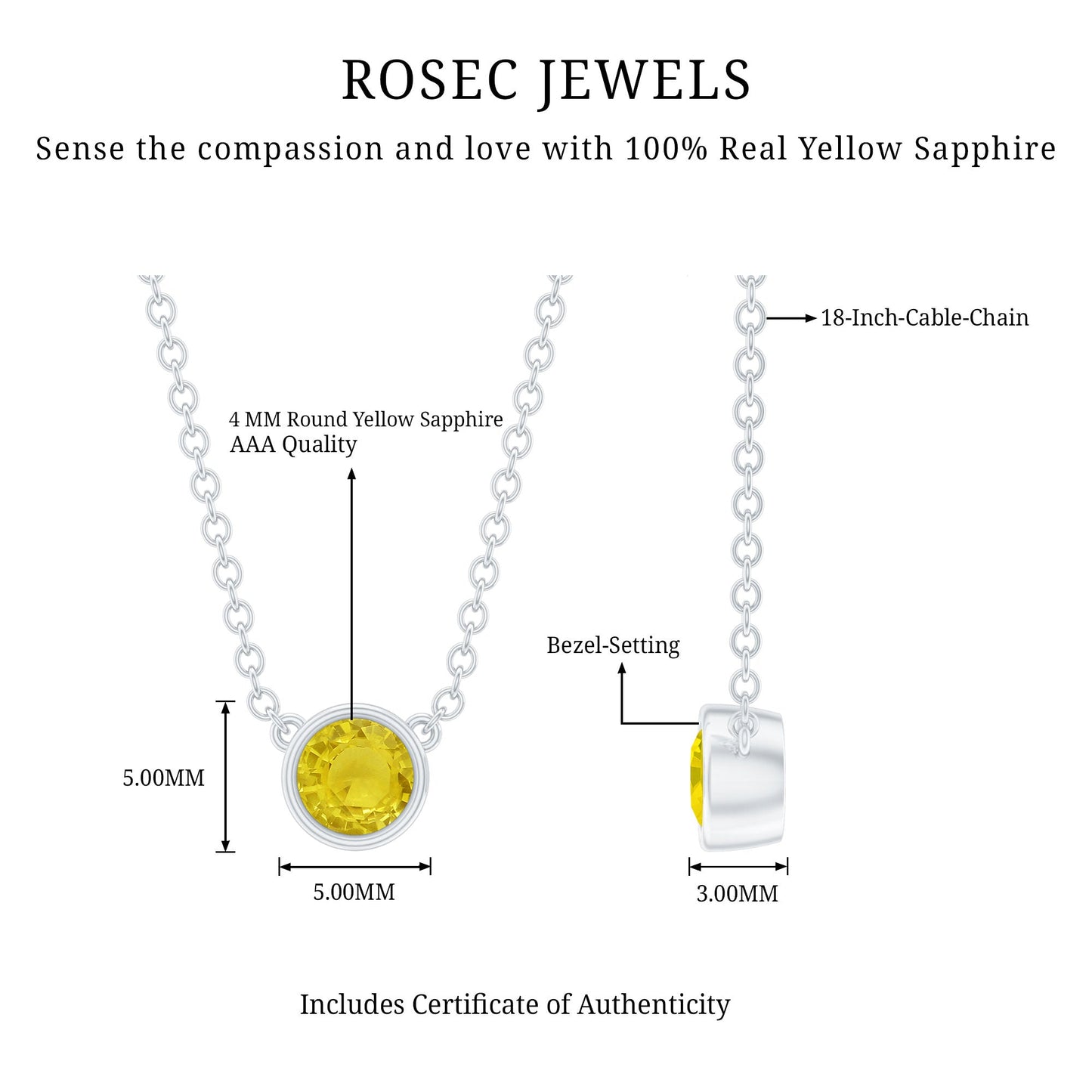 Round Cut 4 MM Yellow Sapphire Bezel Set Necklace