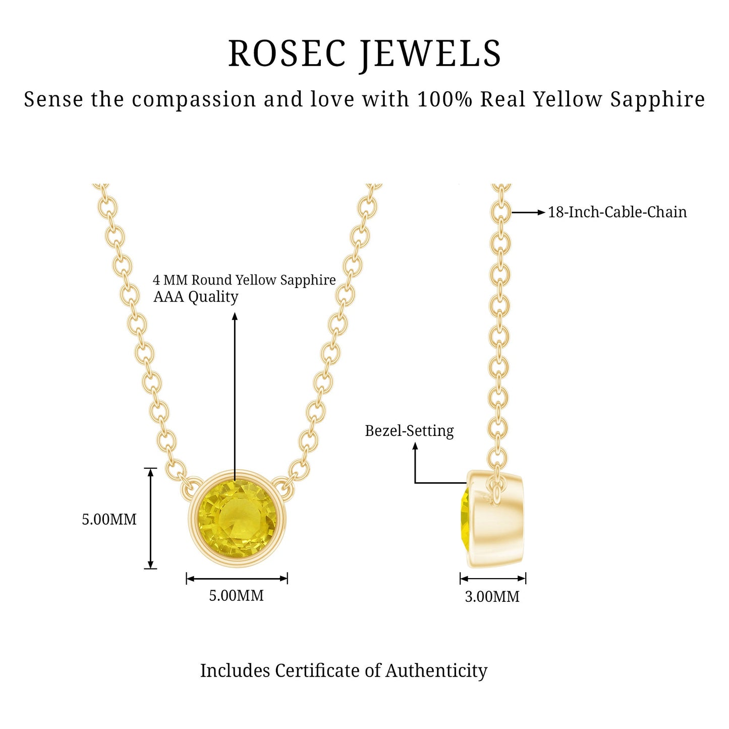 Round Cut 4 MM Yellow Sapphire Bezel Set Necklace